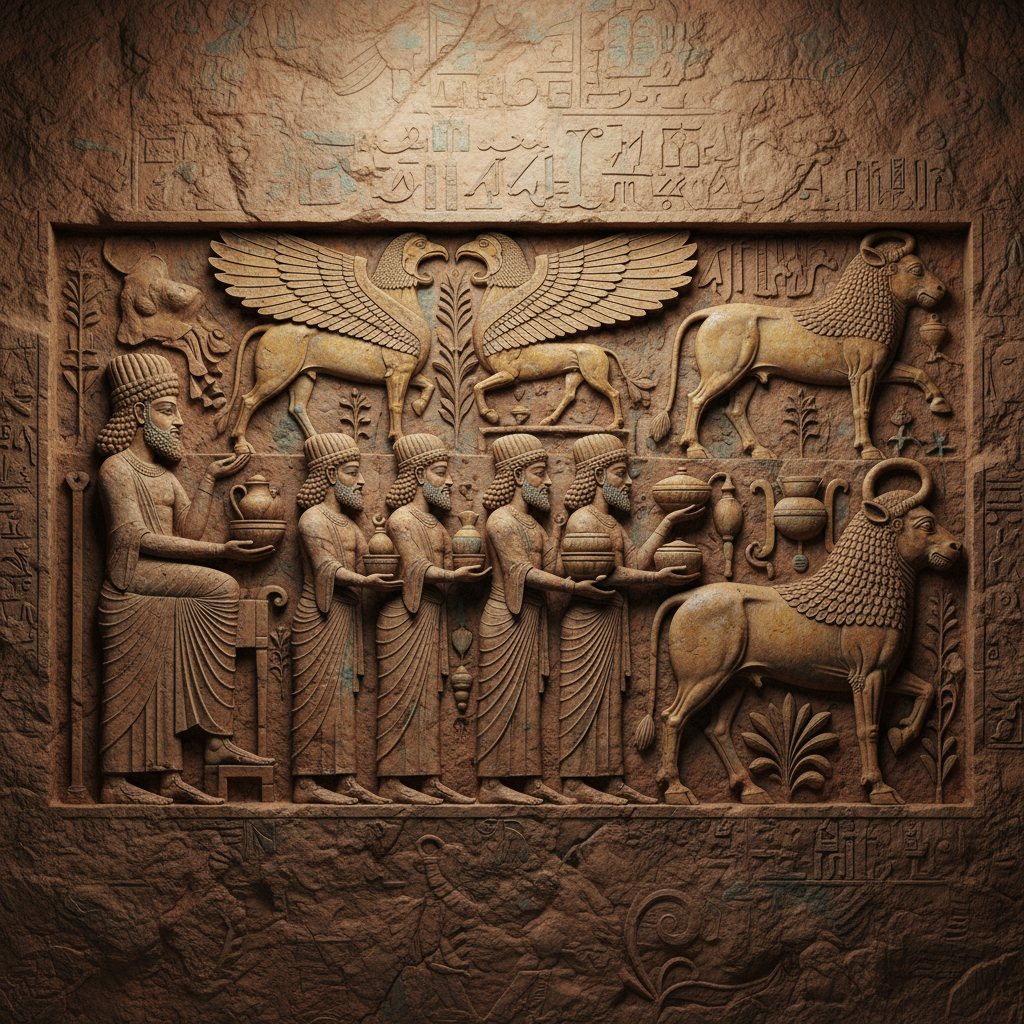 A detailed artistic rendering of the intricate bas-reliefs found in Persepolis, depicting figures offering tribute and mythical creatures, highlighting the artistic sophistication of ancient Persia, textured background, no text