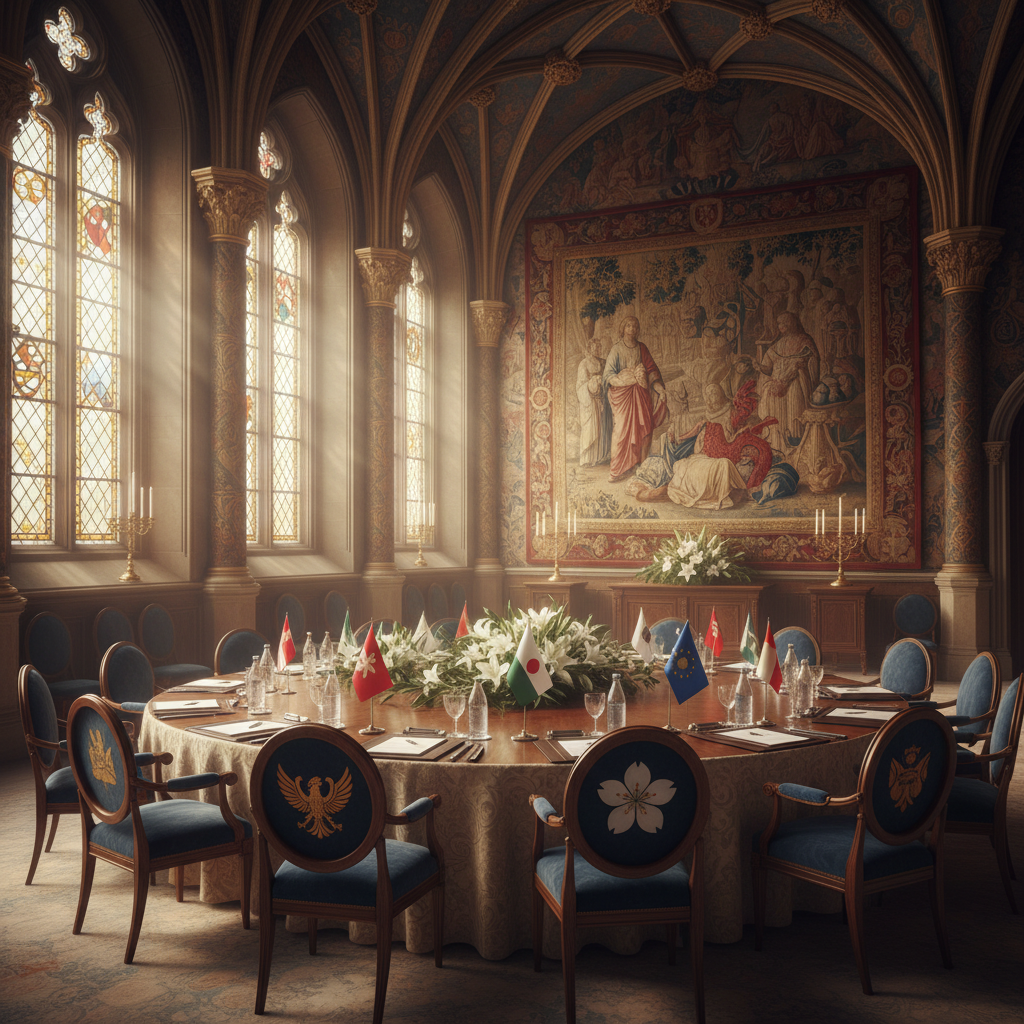 A large round table in a grand hall prepared for international peace negotiations, sunlight streaming through windows, textured background, warm lighting, no text