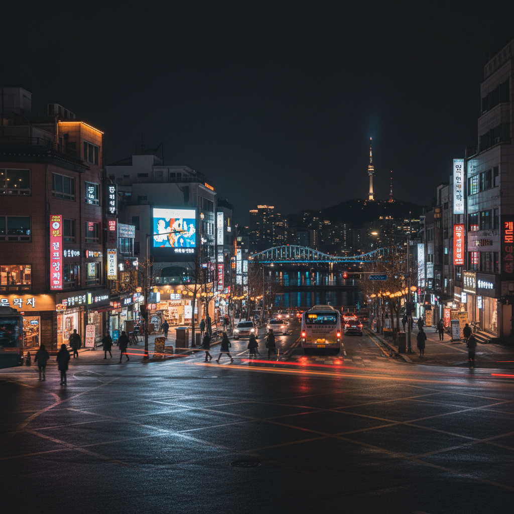 A peaceful night view of Seoul downtown with colorful city lights Korean street scene lifestyle photography warm lighting high contrast