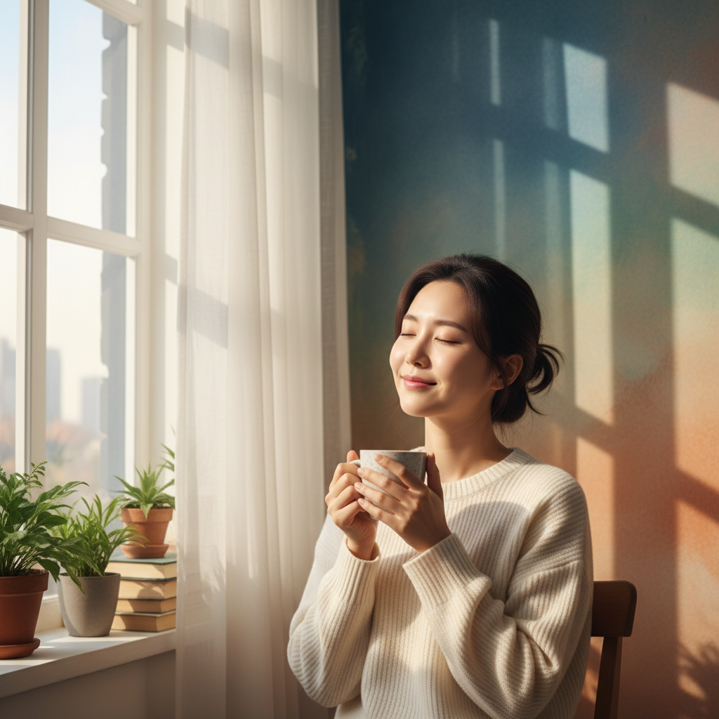 A serene Korean woman enjoying a cup of coffee by a sunlit window in the morning, looking refreshed and calm, soft warm lighting, cozy apartment setting, lifestyle photography, natural expression, colored background, no text