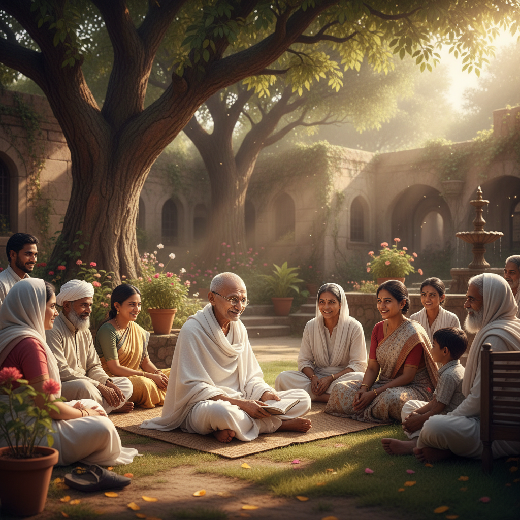A warm lifestyle photography of an elderly Mahatma Gandhi sitting peacefully in a sunlit garden, wearing traditional khadi, surrounded by diverse people, soft morning light, historical Indian setting, rich textures, no text