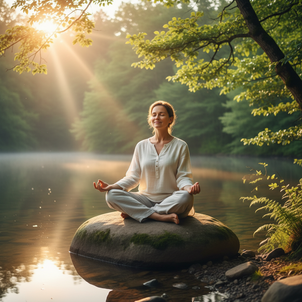 A serene person meditating in a peaceful natural setting, with lush green trees, calm water, and soft sunlight. The person appears calm and centered, embodying a sense of rejuvenation and mental clarity. Style: lifestyle photography, warm lighting, natural setting. No text.