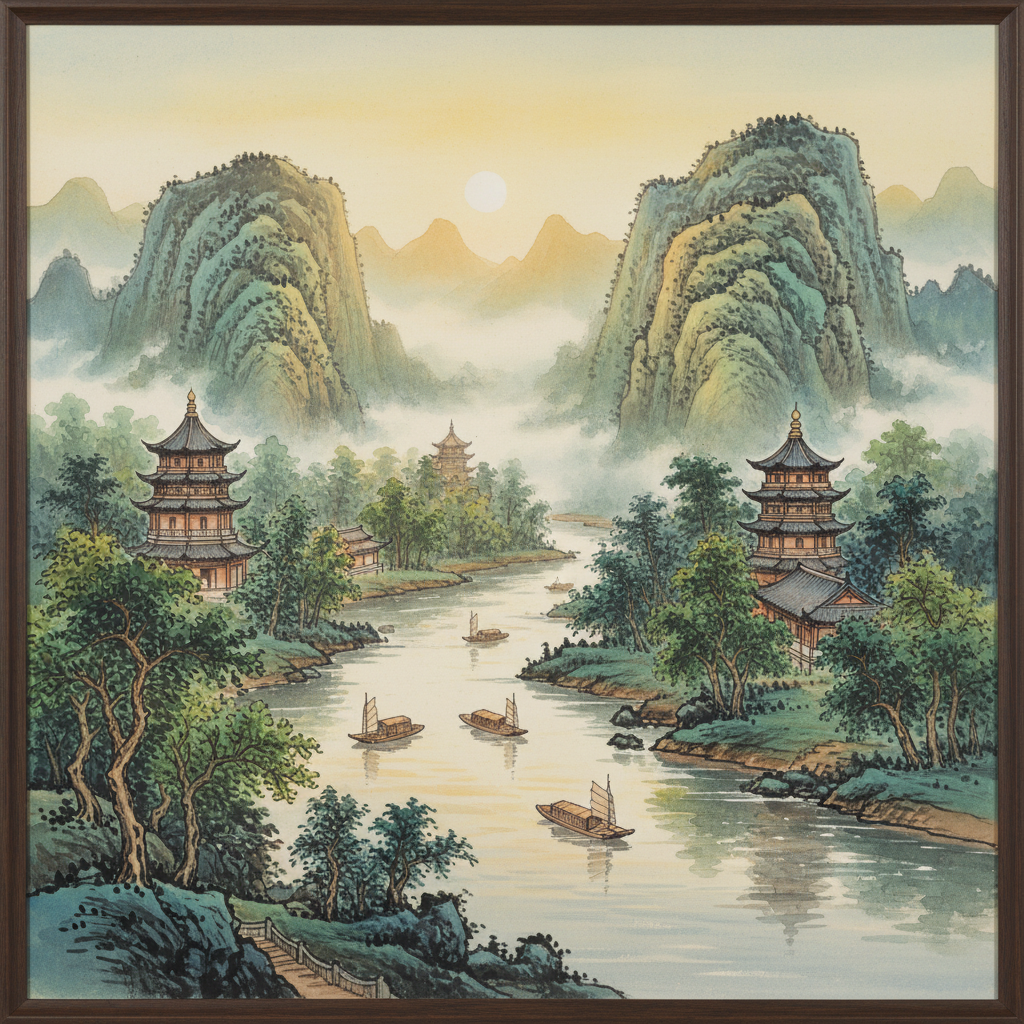 Traditional Chinese landscape with a river and pagodas, lush greenery, peaceful atmosphere, watercolor style, warm sunlight, no text