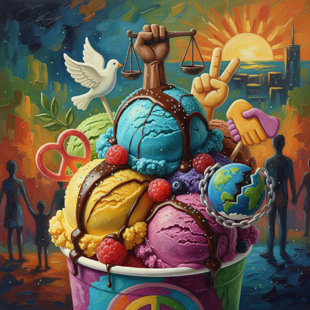 A pint of gourmet ice cream decorated with symbols of peace and social justice, colorful and vibrant artistic rendering, textured background, no text