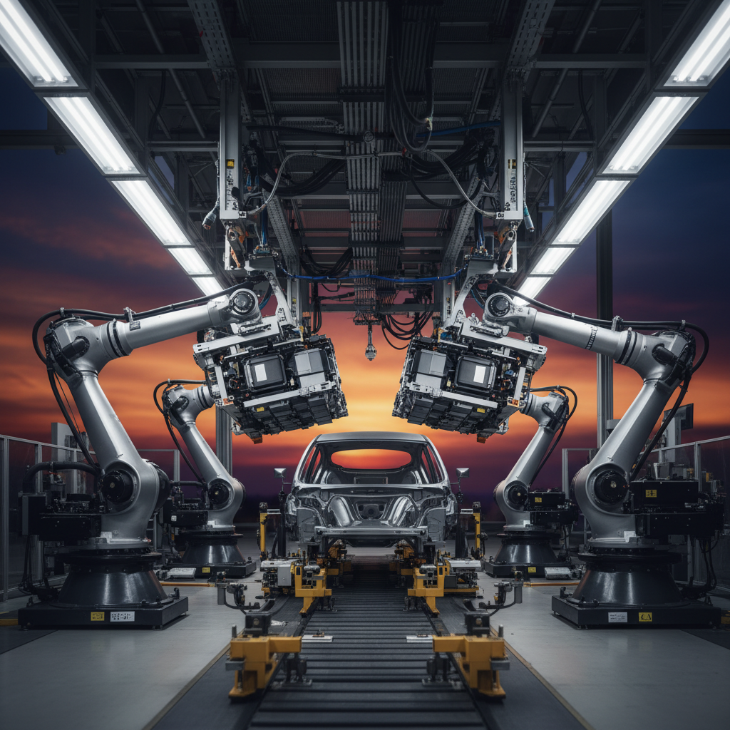 A modern automobile factory assembly line with electric vehicle components, bright lighting, industrial setting, rich colored background, no text