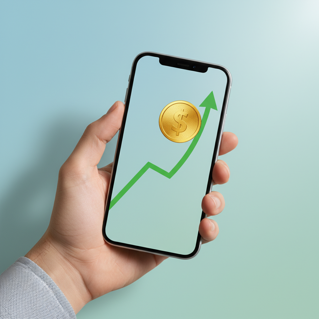 A hand holding a smartphone showing a growing green graph and a gold coin, clean infographic style, soft shadows, rich textures, no text