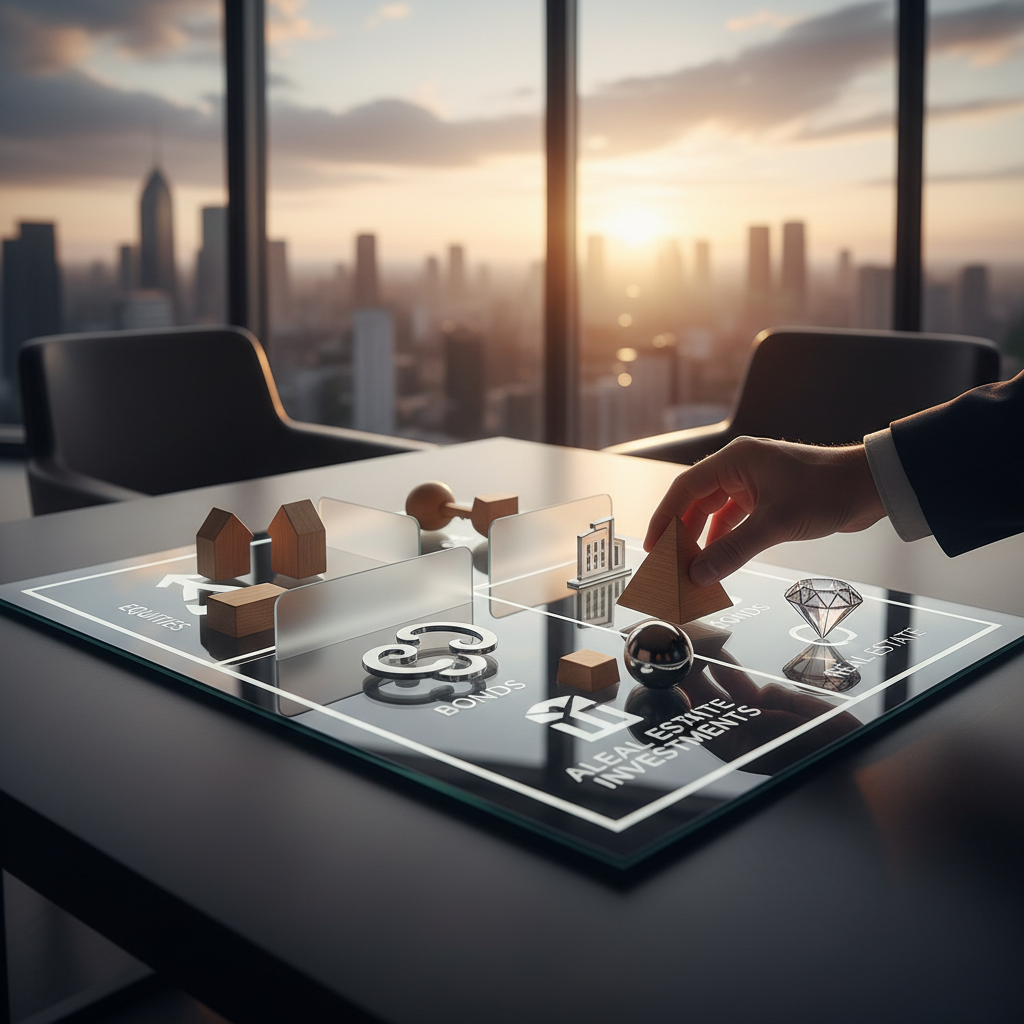 A symbolic representation of asset rebalancing with a professional's hands moving pieces on a sleek board representing different asset classes, elegant office background, warm lighting, no text