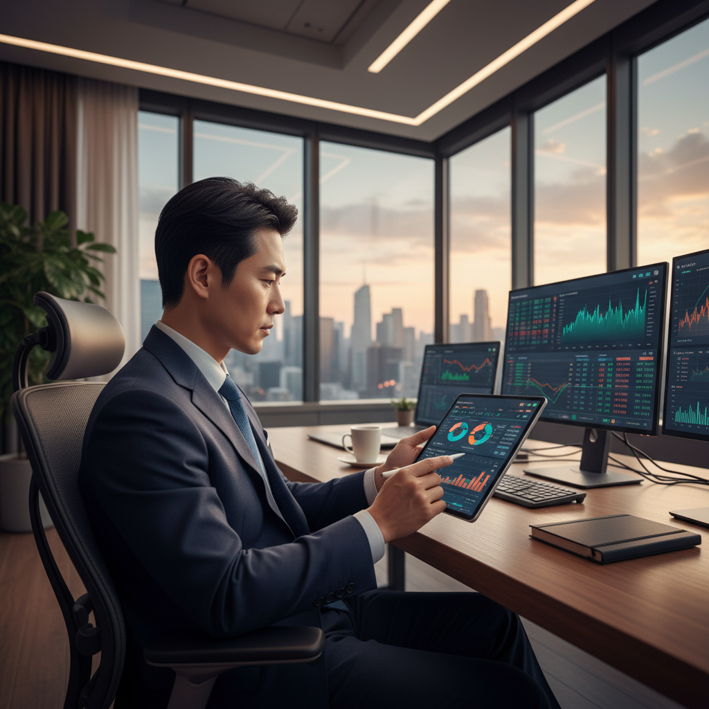 A Korean investor analyzing a digital financial portfolio on a tablet, modern office setting, professional lifestyle photography, warm ambient light, no text