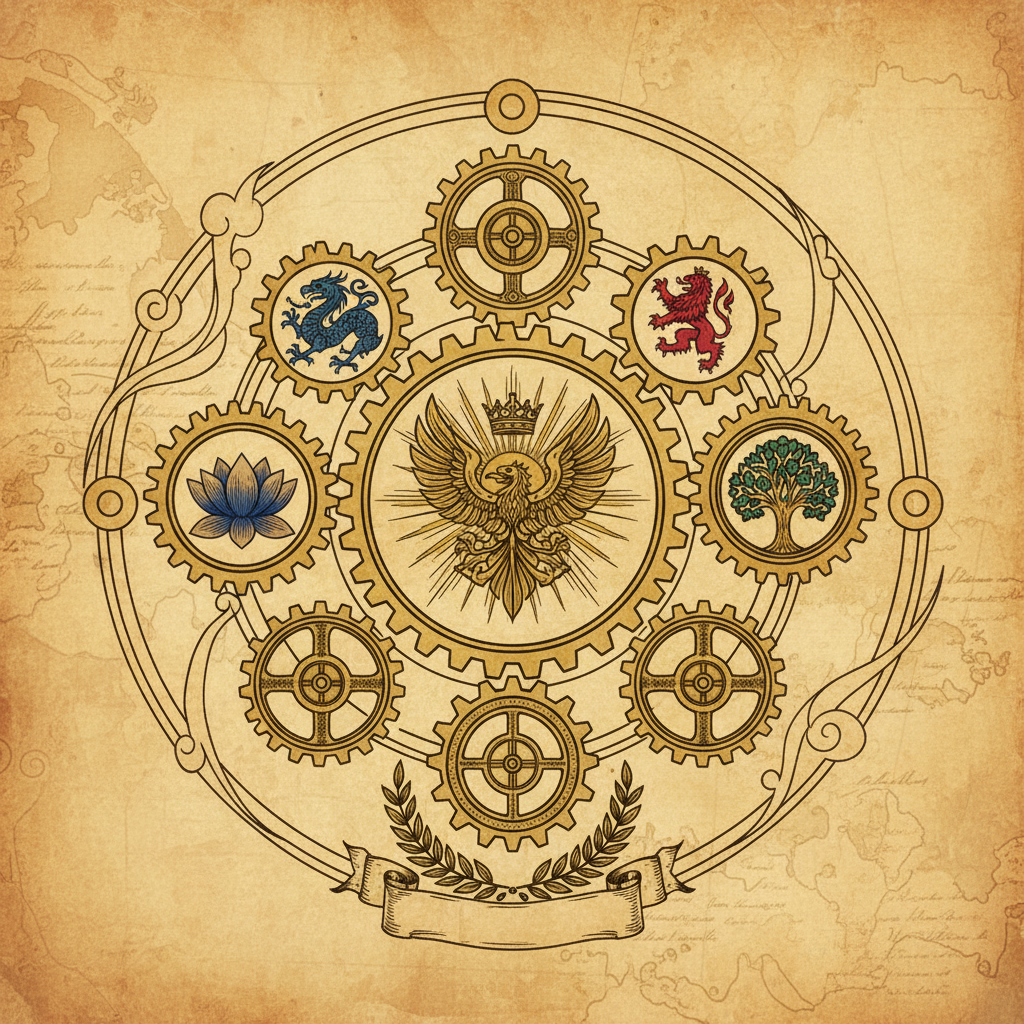 An illustration depicting a complex but harmonized administrative structure of a reformed empire, with stylized gears and overlapping national symbols, signifying successful political and social reforms under a central authority. Style: illustration, artistic rendering, textured background. No visible text.