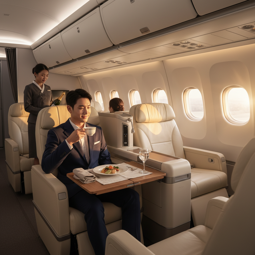A modern airplane cabin with premium leather seats, a Korean passenger enjoying high-end inflight service, warm sunlight through windows, clean composition, high contrast, no text