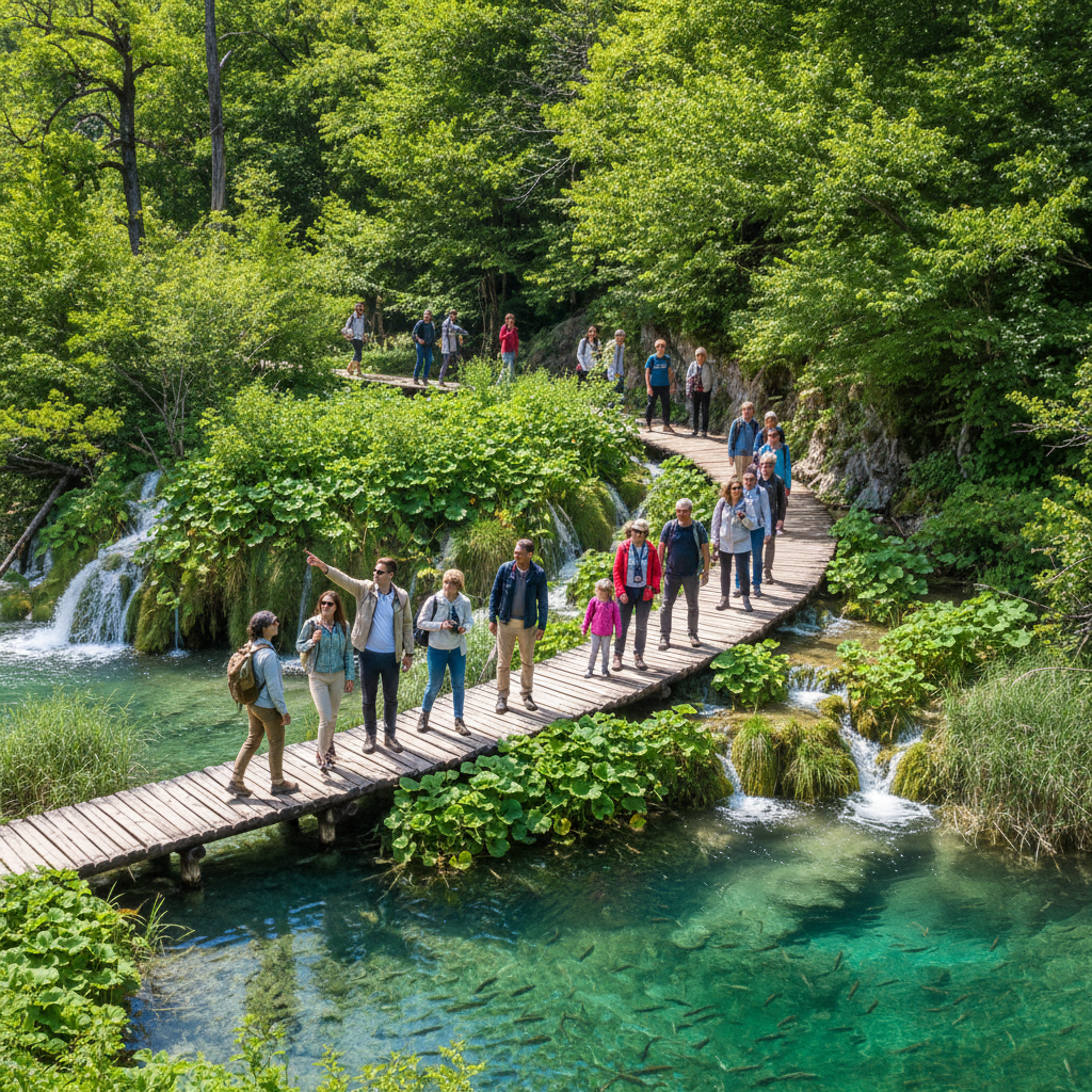 A beautiful lifestyle photography scene of tourists walking on a wooden boardwalk path surrounded by lush greenery and clear turquoise water in Plitvice Lakes National Park, bright natural lighting, vibrant colors, no text