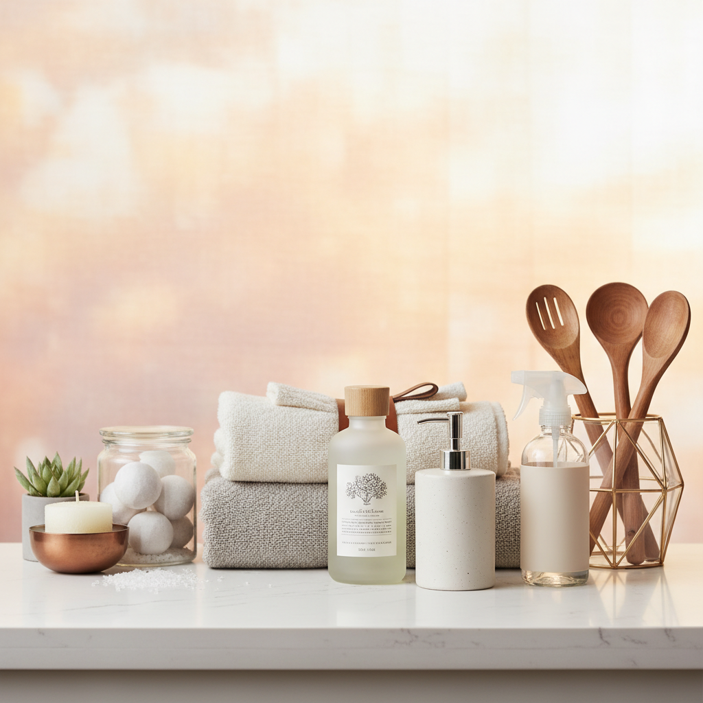 A collection of premium household consumer products arranged aesthetically on a clean counter with soft sunlight filter colored background no text