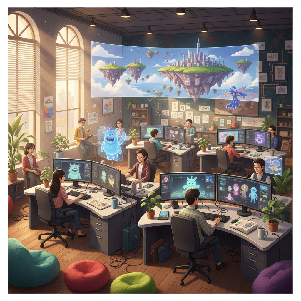A vibrant illustration of a bustling Pixar animation studio, with creative Korean artists working on advanced 3D models and imaginative characters, surrounded by colorful digital art and natural light. Style: illustration, artistic rendering, textured background. No text.