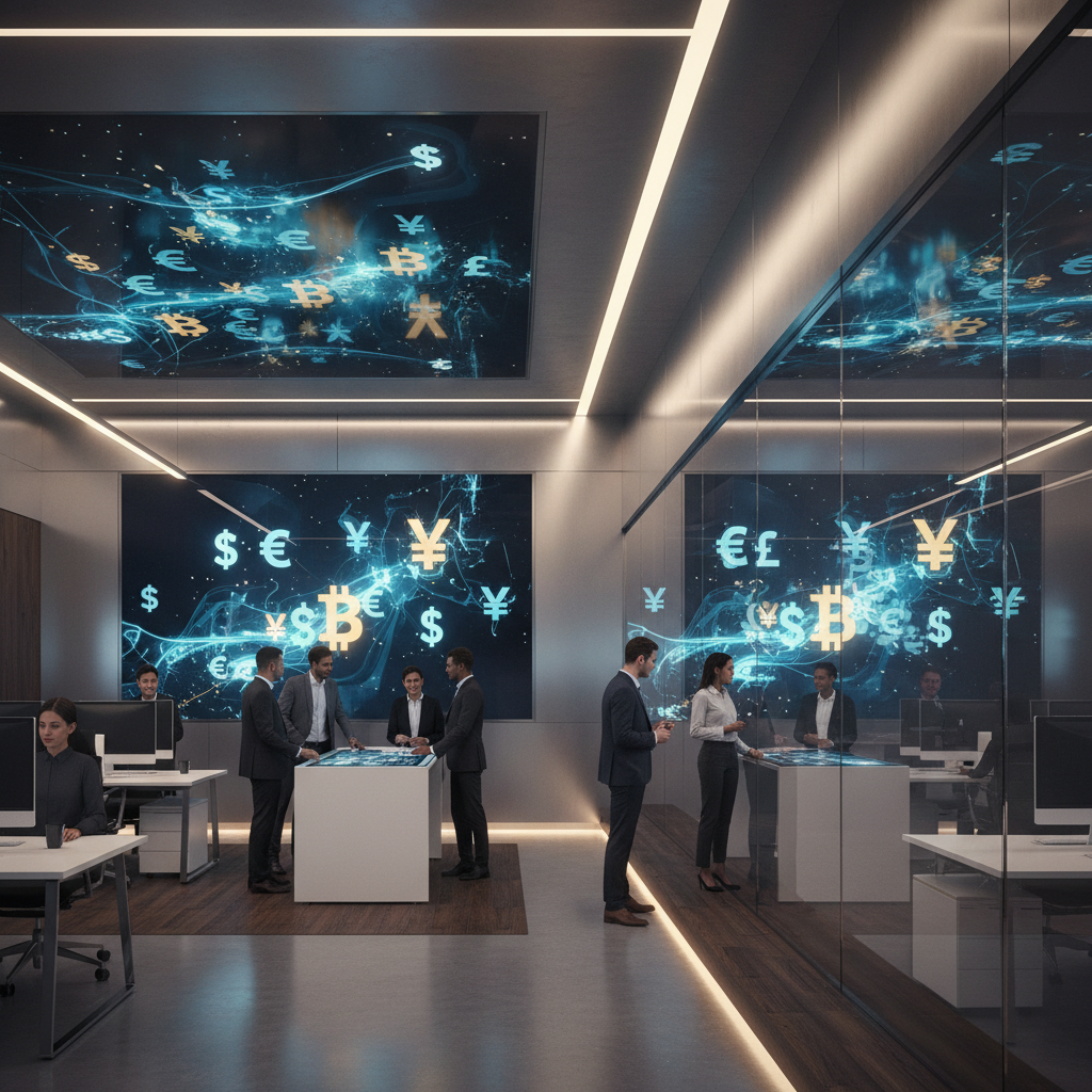 A modern fintech office environment with sleek digital displays showing currency symbols, clean aesthetic, soft warm lighting, business people collaborating, high contrast, no text