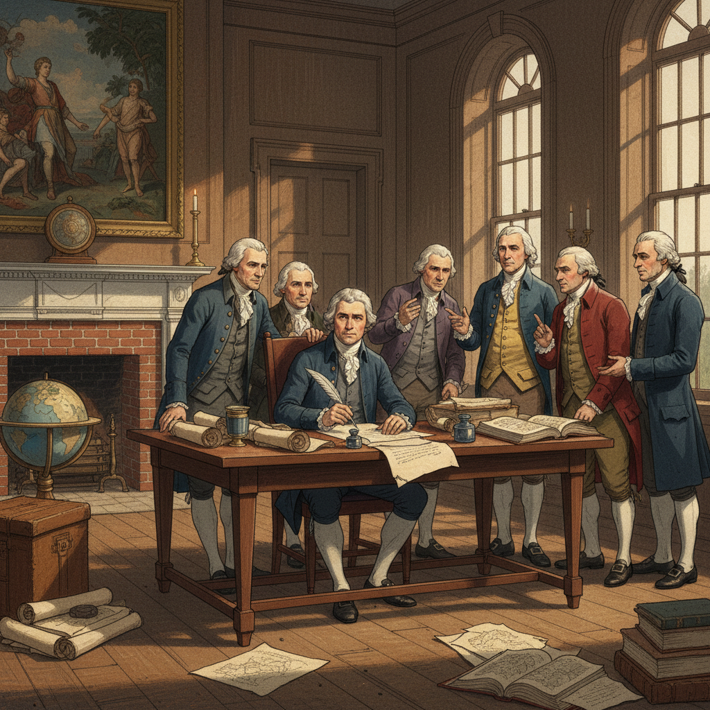 An illustration depicting the drafting of the Declaration of Independence in Philadelphia. Founding Fathers are gathered around a table, engrossed in discussion and writing, with quill pens and parchment. The scene is historically accurate, conveying a sense of profound moment. Style: illustration, artistic rendering, textured background. No text.