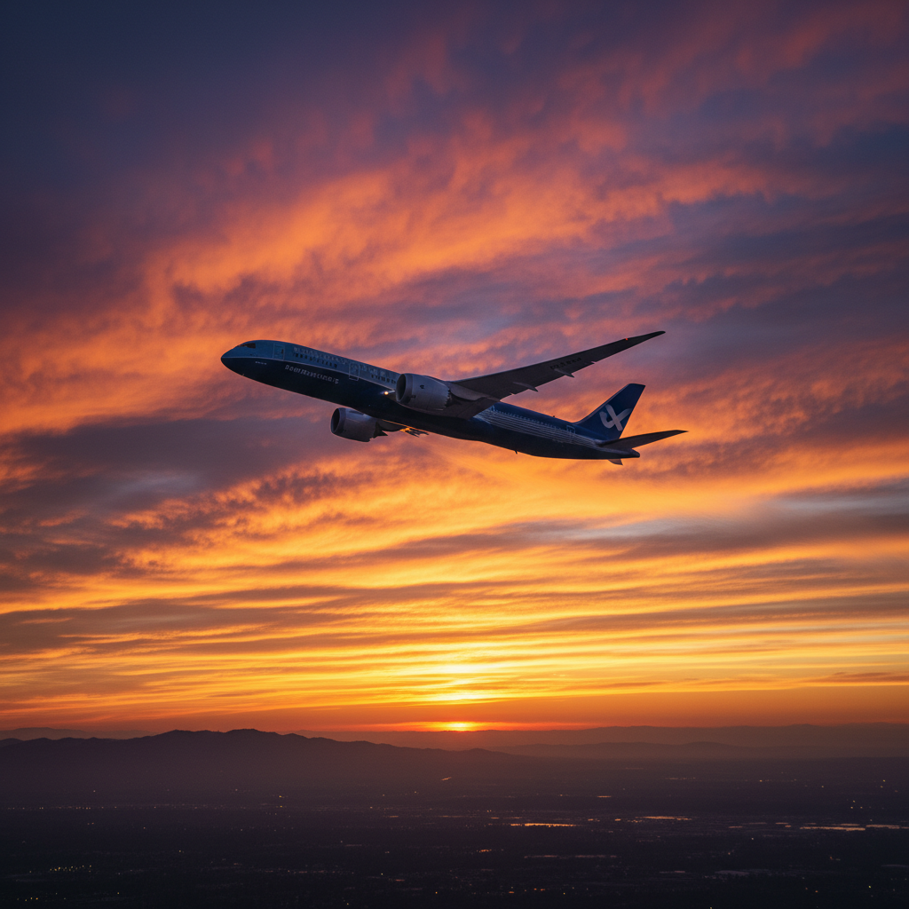 A large commercial airplane flying through a beautiful sunset sky, vibrant orange and purple clouds, cinematic wide shot, rich colors, no text