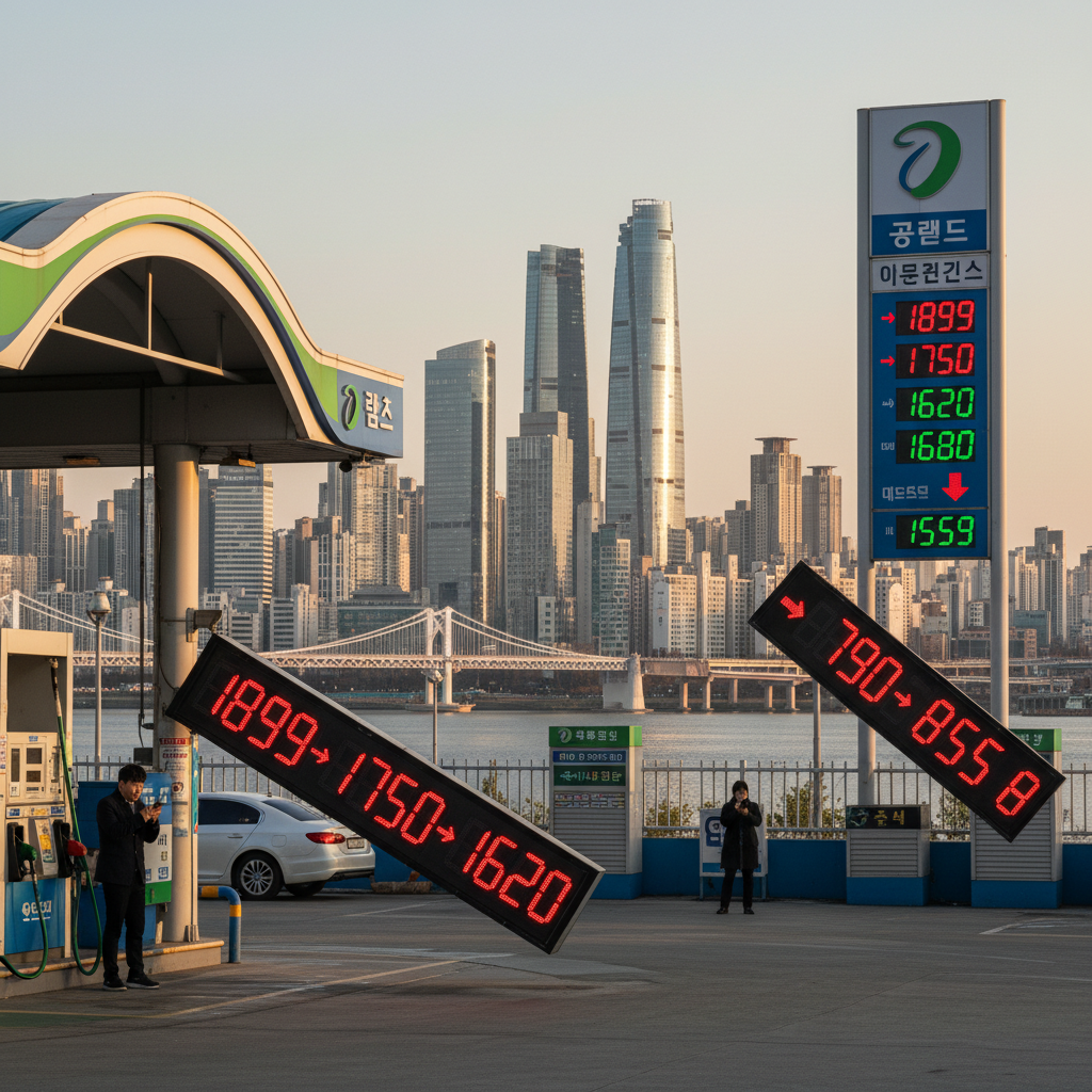 A gas station with prices falling, clear visual representation of decline, vibrant city background, realistic depiction, natural lighting, no text, Korean appearance