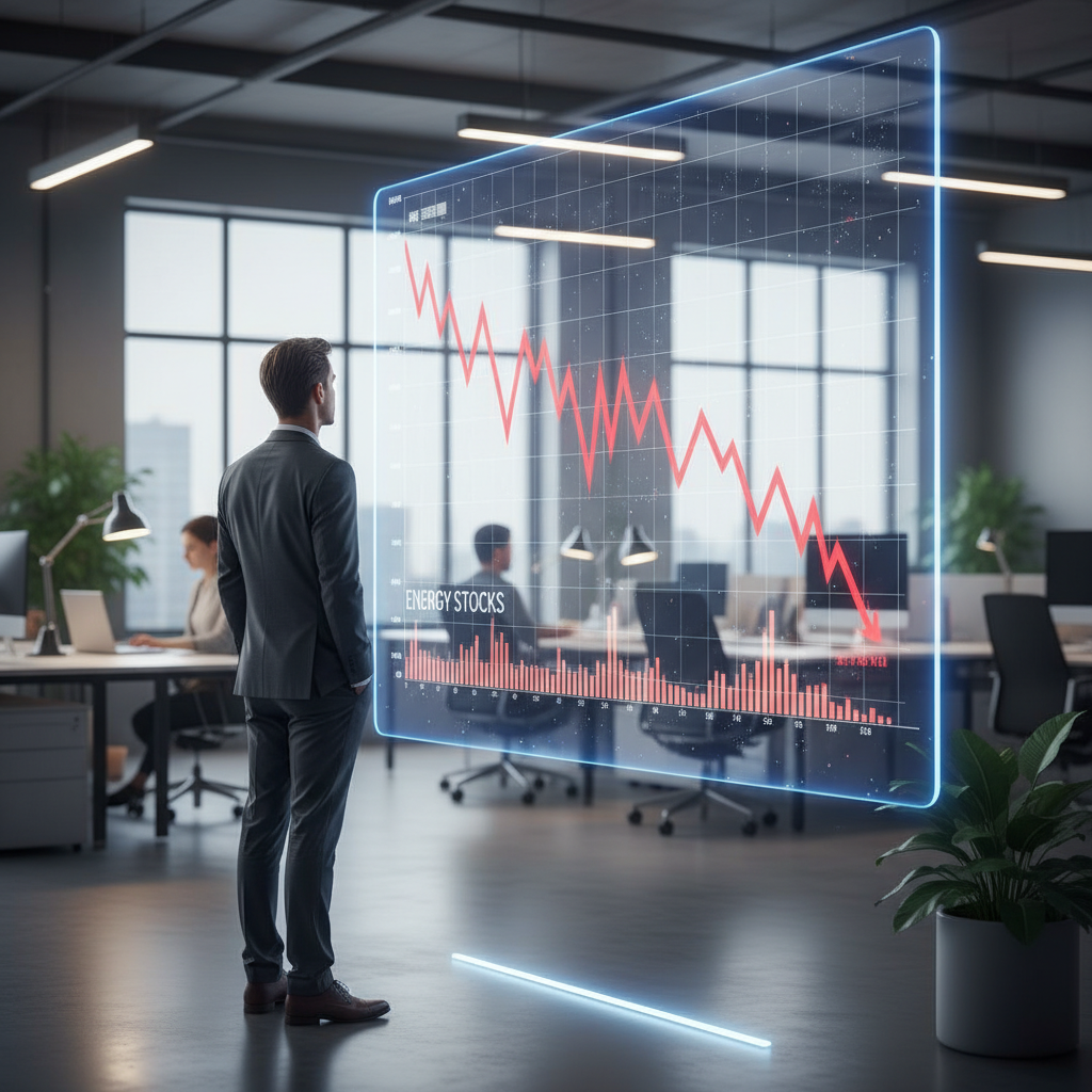 A person looking at a digital stock market screen showing a sharp downward trend for energy stocks, professional office environment, soft indoor lighting, no text