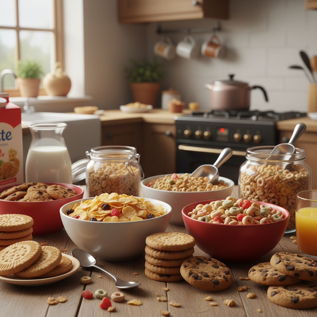 Close up of various breakfast cereals and biscuits on a wooden table, soft natural light, cozy kitchen background, lifestyle photography, warm tones, no text