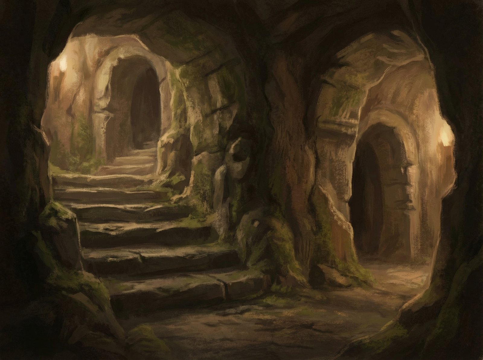 A mysterious underground stone staircase leading into a deep ancient hypogeum, warm lighting highlighting rock textures, artistic rendering, no text, 4:3 aspect ratio