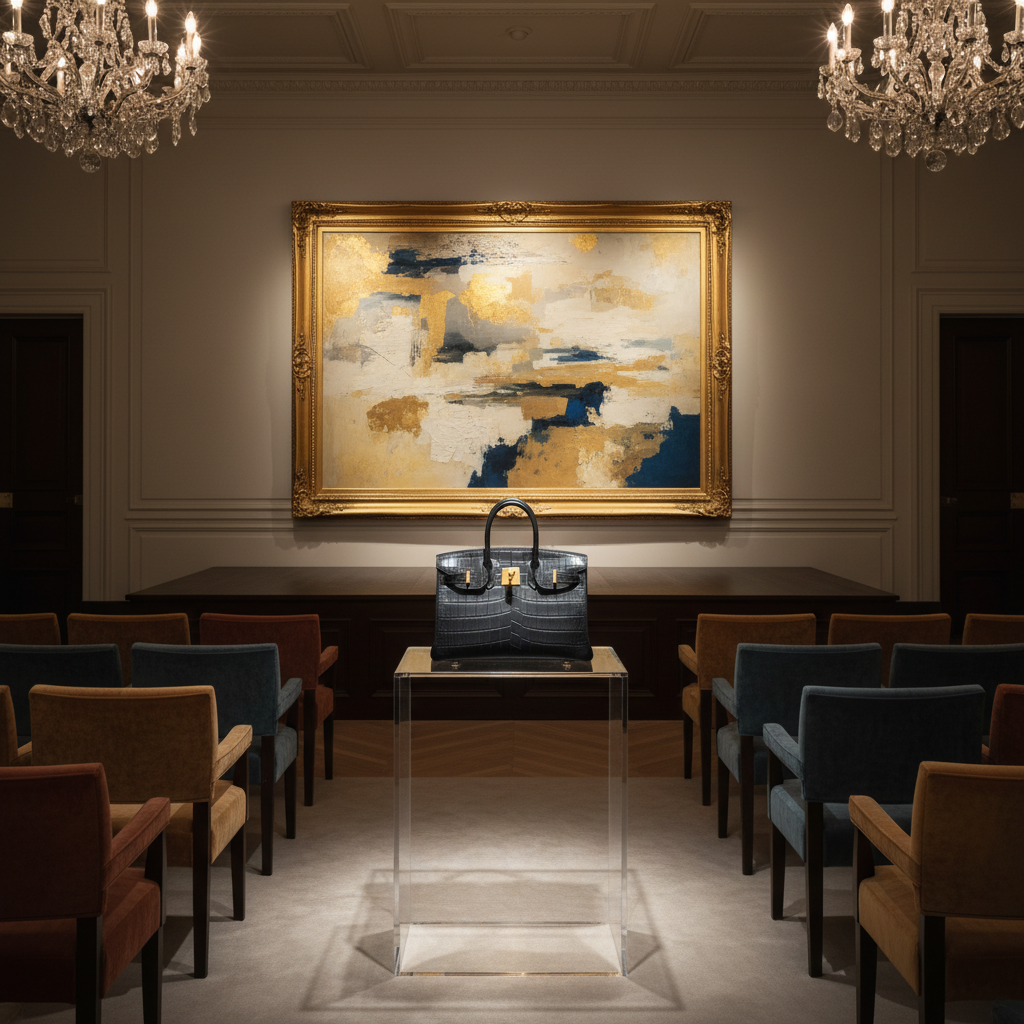 A sophisticated auction room setup with a single Hermes Birkin bag prominently displayed on a pedestal, elegant lighting, luxurious background, no text, realistic depiction