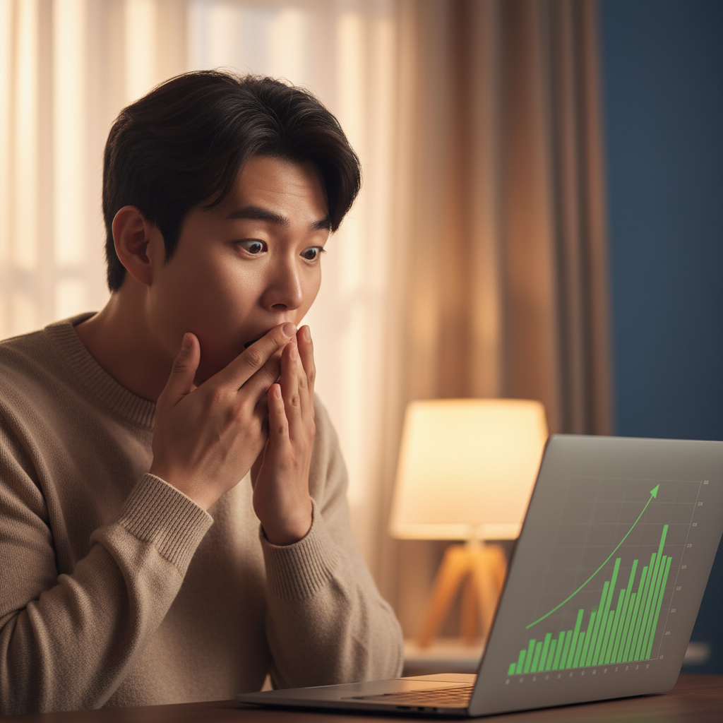 A Korean man with a surprised expression looking at a laptop screen, depicting a stock chart showing significant growth, warm lighting, colored background, no text, lifestyle photography