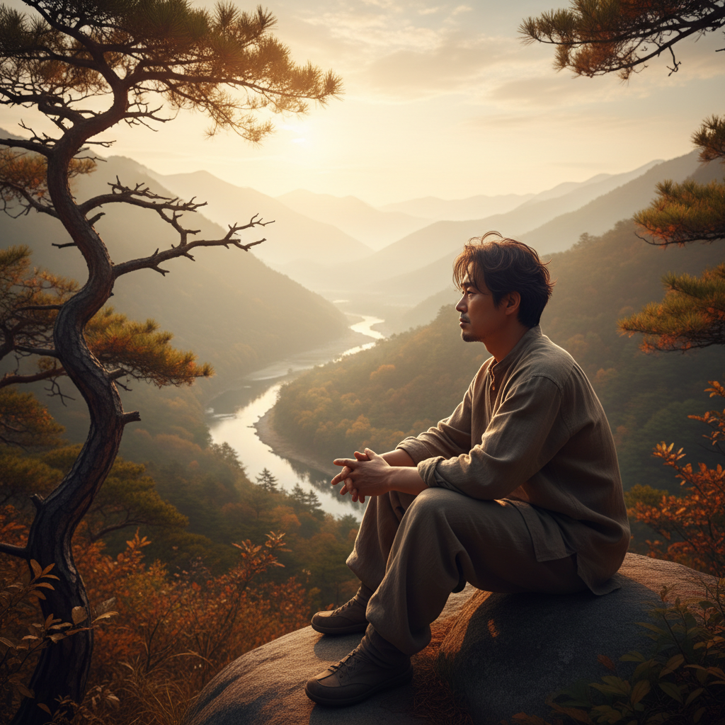 A Korean man in his 40s, contemplating the meaning of life amidst a serene natural landscape, deep thoughts, peaceful atmosphere, warm lighting, natural setting, no text, 1:1 aspect ratio