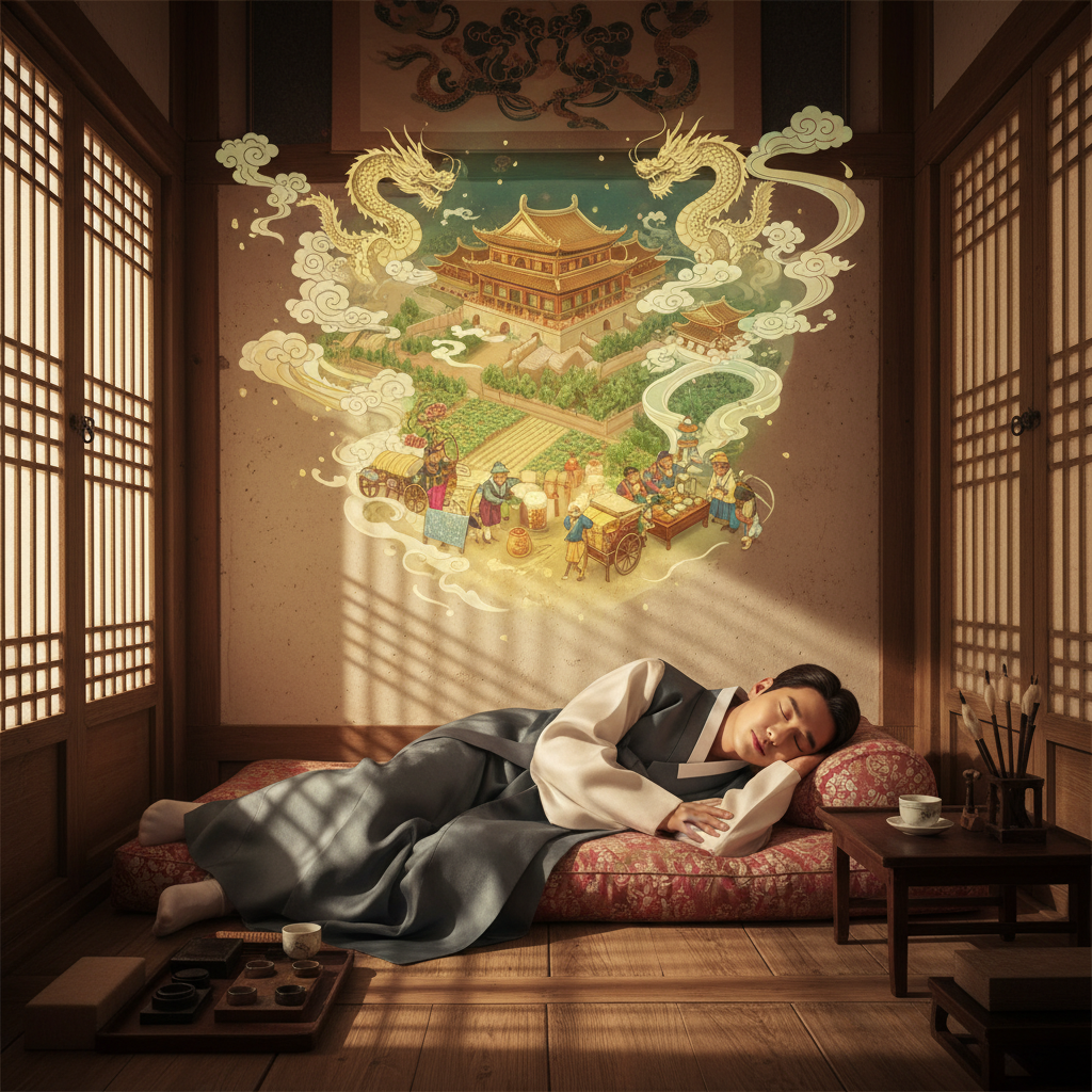 A Korean man sleeping peacefully in a traditional setting, dreaming of a fantastical and prosperous life, warm lighting, textured background, no text, 4:3 aspect ratio