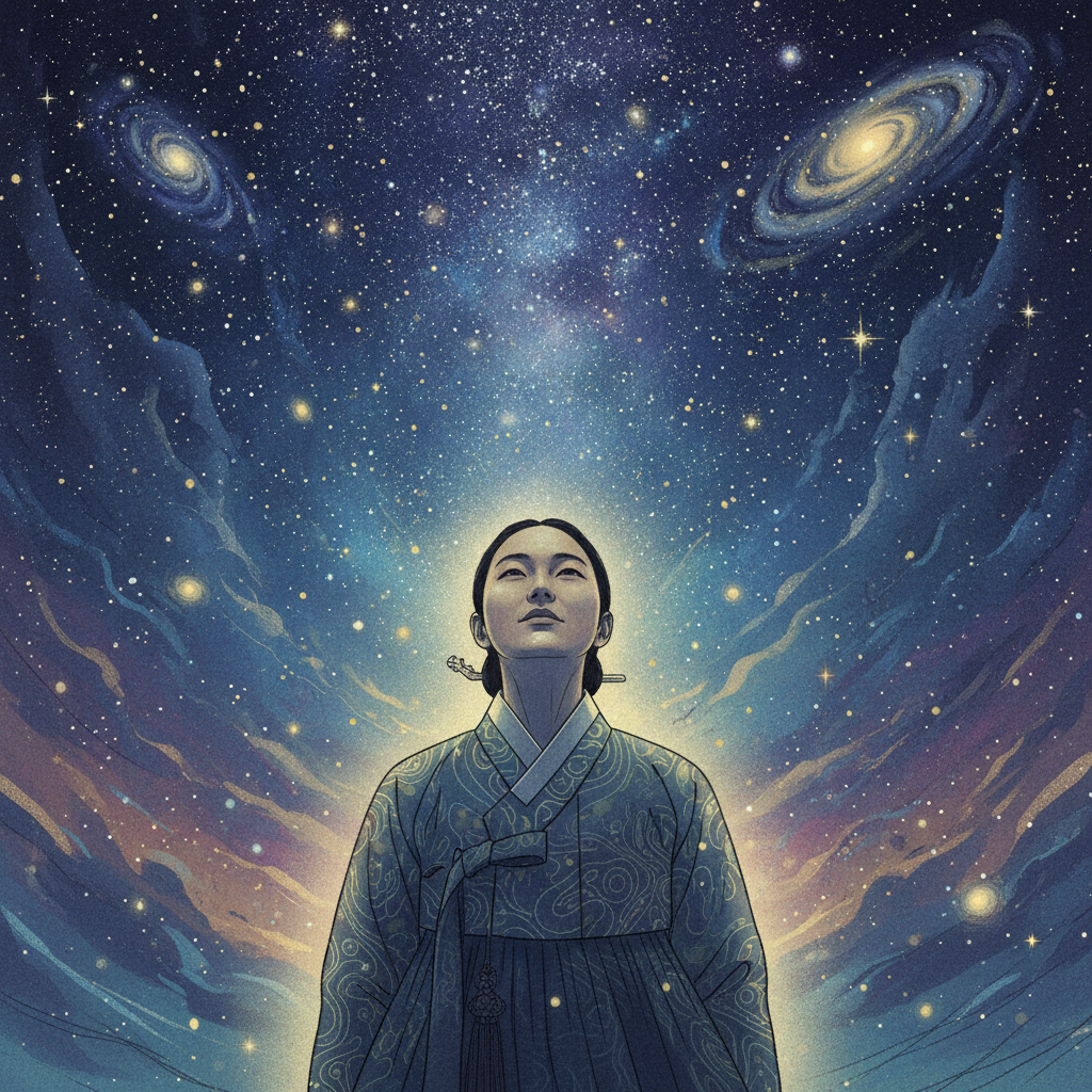 A person contemplating against a starry night sky, illustration, artistic rendering, textured background, bright, balanced lighting, Korean appearance, natural expression, centered focus, visually rich, no empty margins, no text