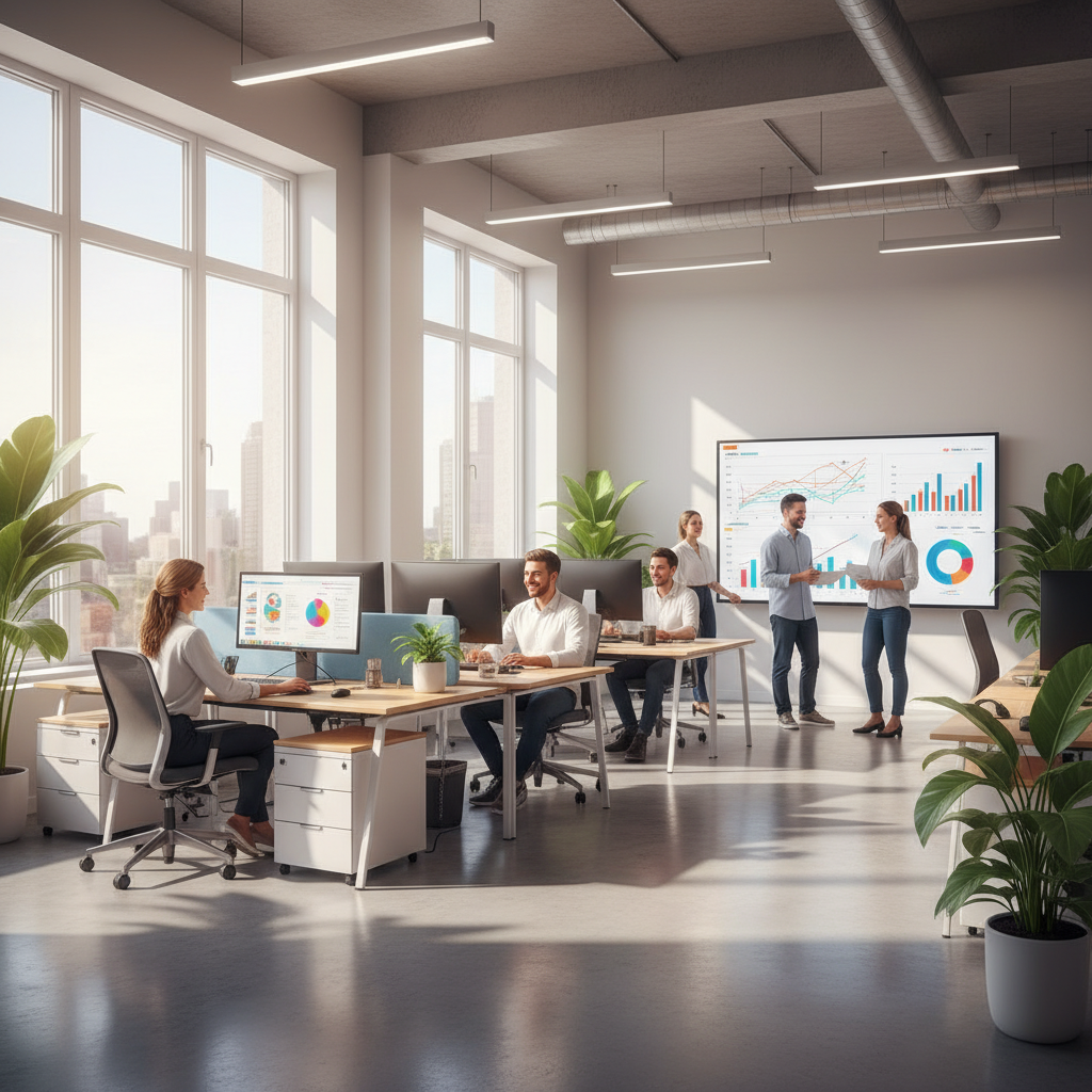 밝고 긍정적인 분위기, office setting, modern layout, high contrast, no text