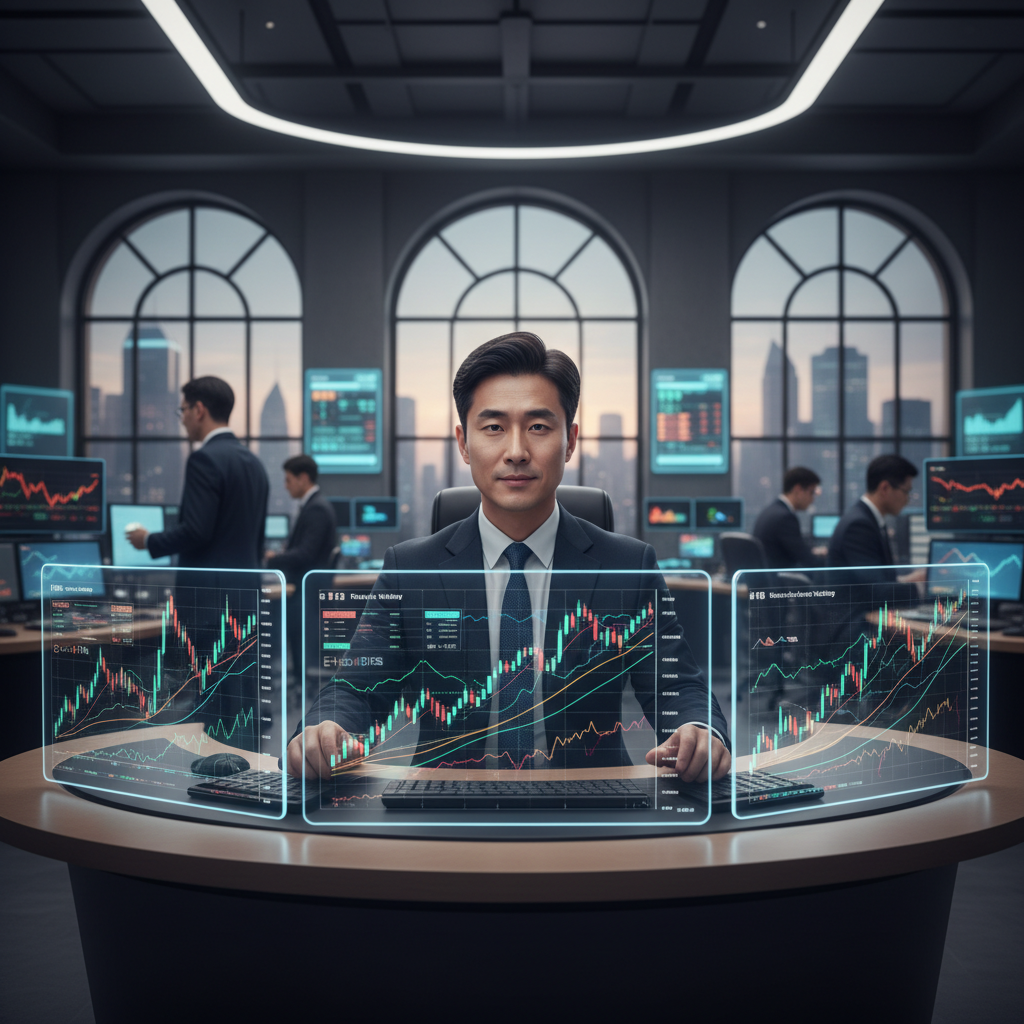 A dynamic scene of an investor analyzing stock charts across various sectors, vibrant lines representing growth, a subtle background of a modern trading floor, balanced lighting, Korean appearance, natural expression, centered focus, 4:3 aspect ratio, no text