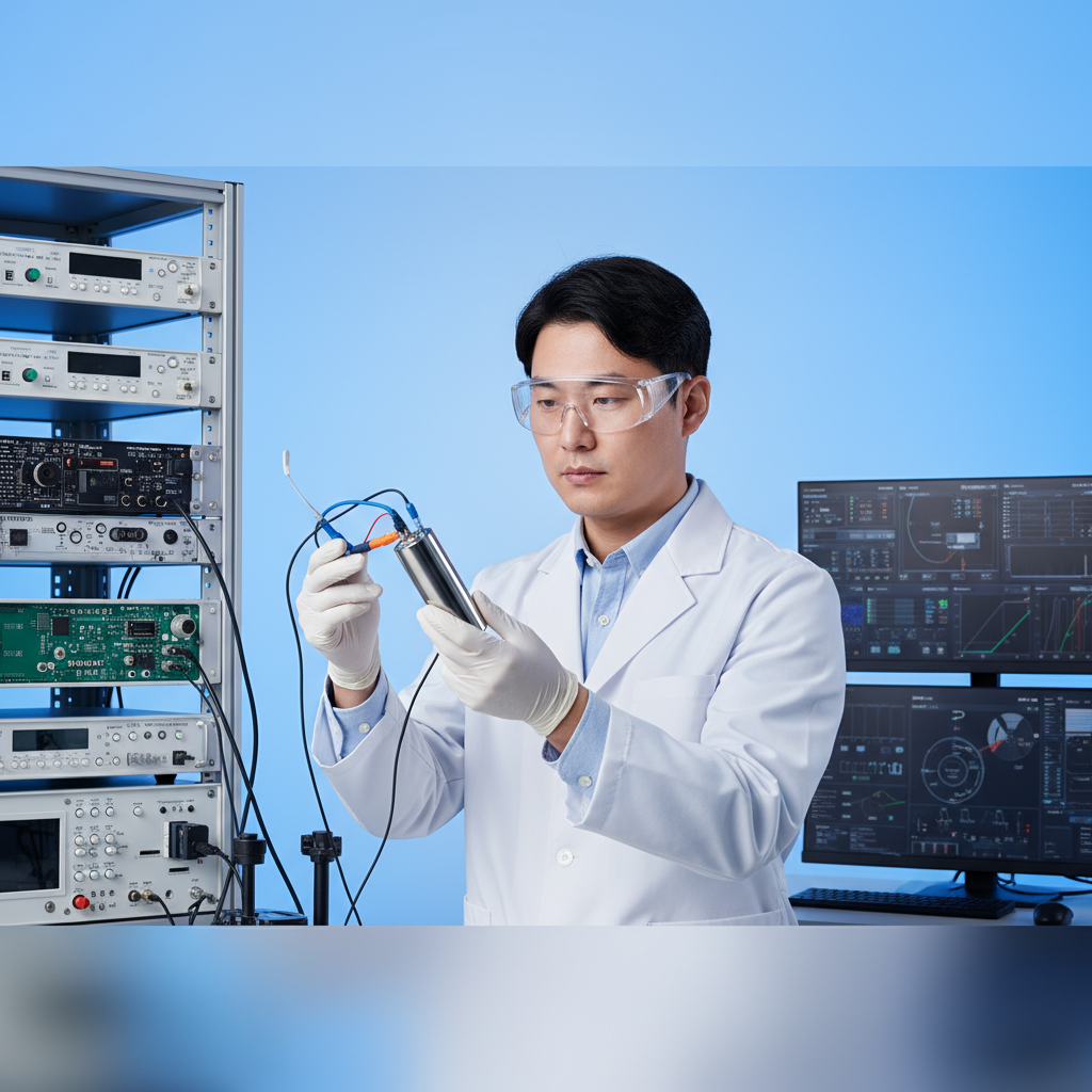 A professional Korean battery engineer examining a battery cell in a high tech laboratory, bright balanced lighting, blue and white gradient background, no text