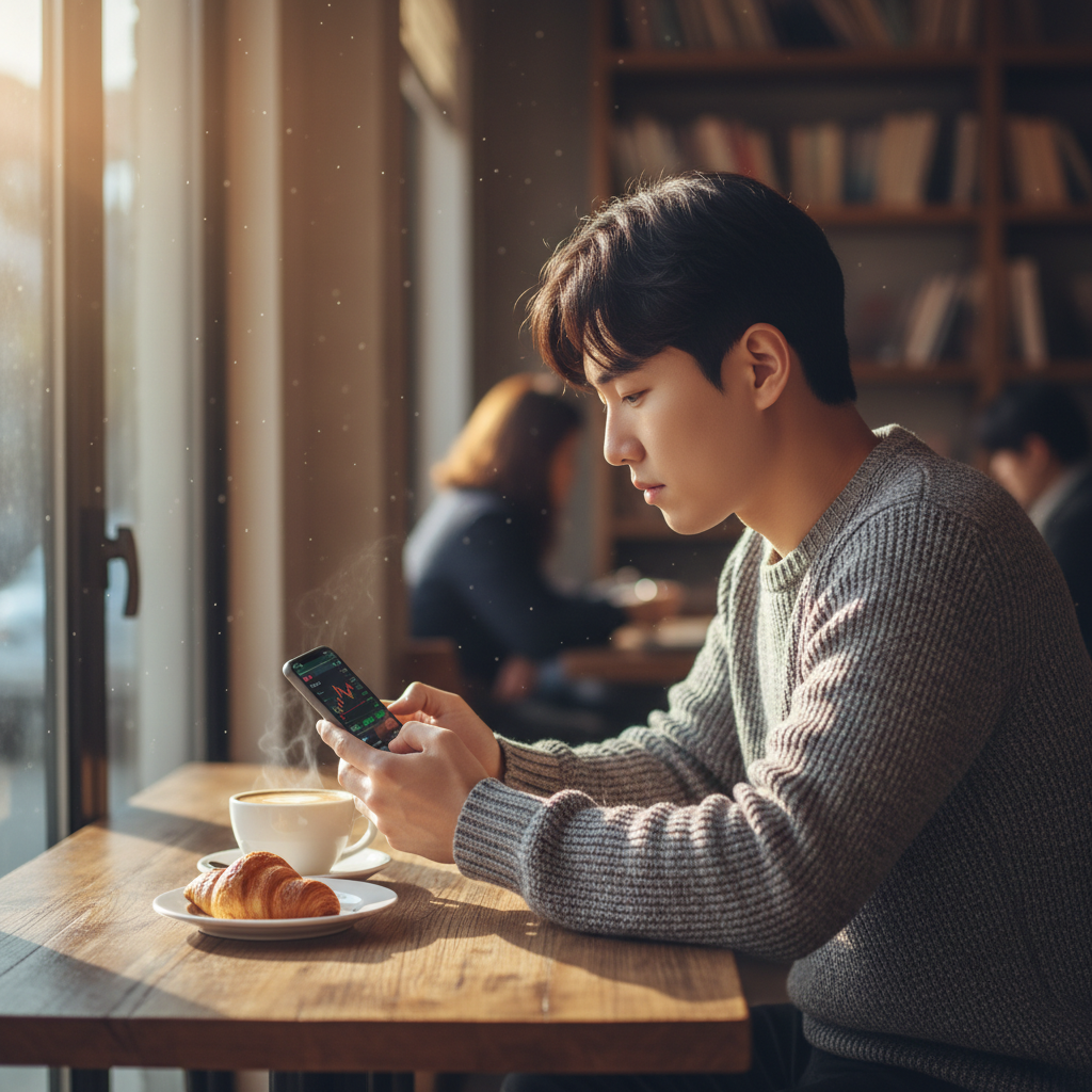 A young Korean investor checking stock market apps on a smartphone in a cozy cafe, coffee on the table, natural sunlight, lifestyle photography, no text