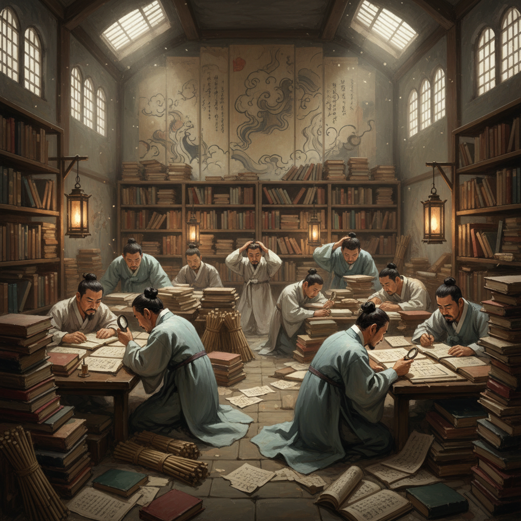An artistic rendering of a chaotic, disorganized ancient Korean library with people struggling to read complex texts. The atmosphere is dim and confused, with textured background and rich details. Korean appearance characters, no text.