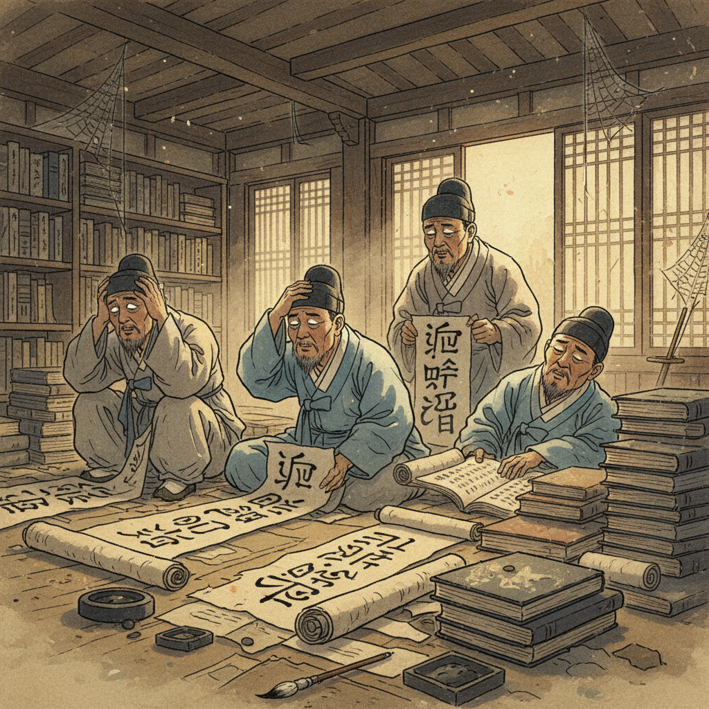 Artistic rendering of ancient Korean scholars struggling with complex texts, surrounded by dusty scrolls. The scene conveys a sense of intellectual stagnation and limited progress. Textured background, soft, historical lighting, no text.