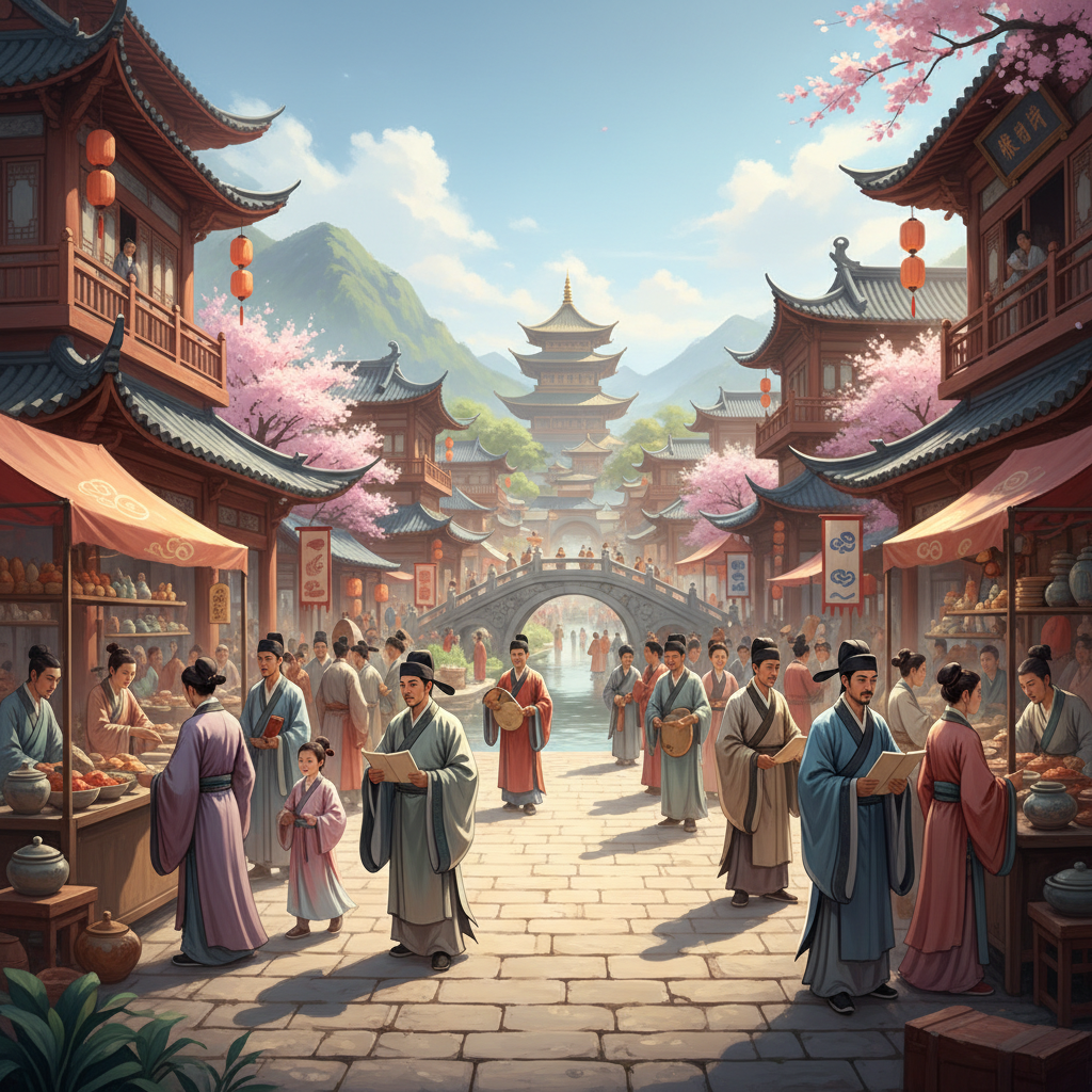 A vibrant and prosperous ancient Chinese city street scene, bustling with people, merchants, and scholars. Depict intricate traditional architecture and a sense of order and well-being. Artistic rendering, bright lighting, rich background, no text