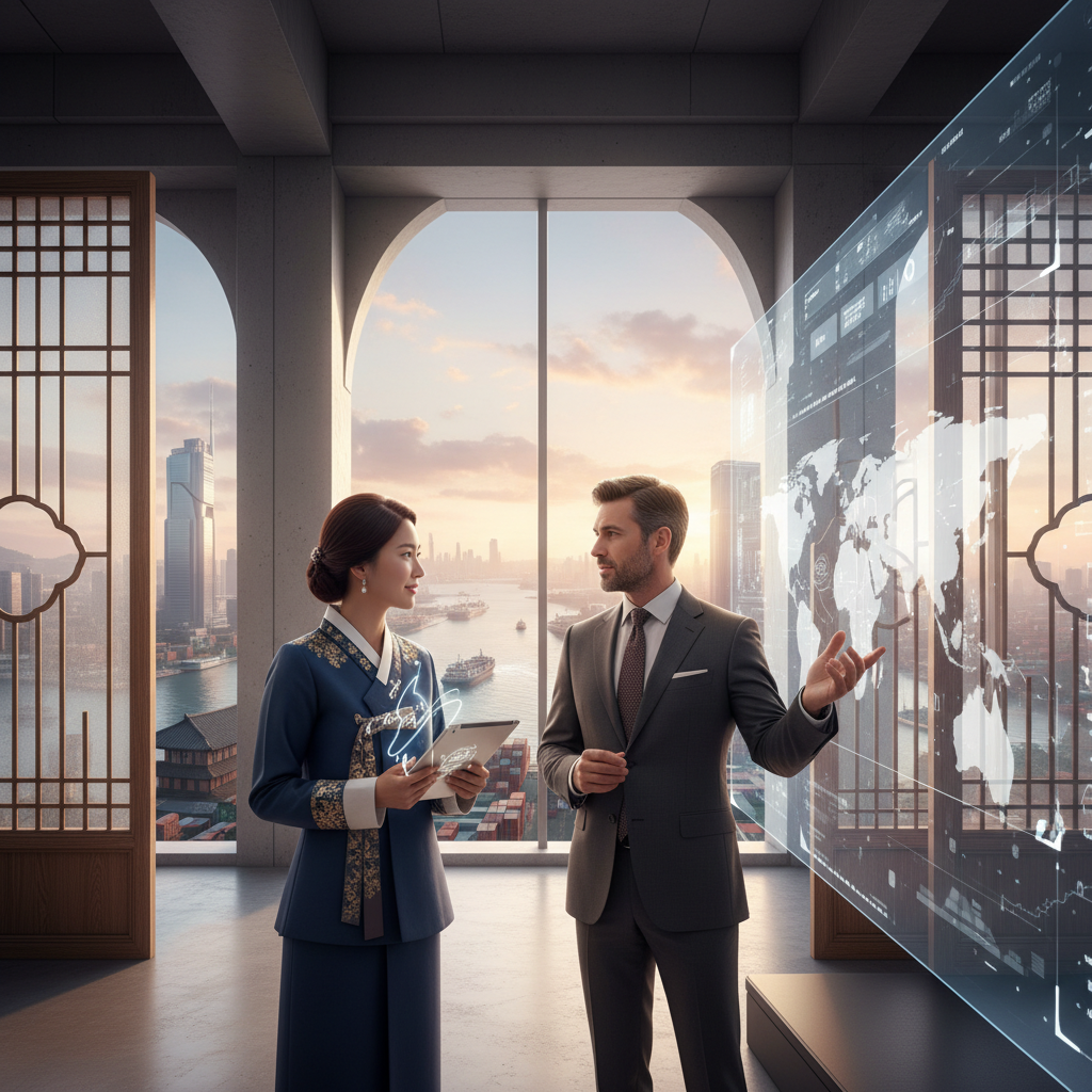 Two professional figures in a modern high-tech office overlooking a busy harbor, Korean and American style mixed, soft morning light, colored background, no text