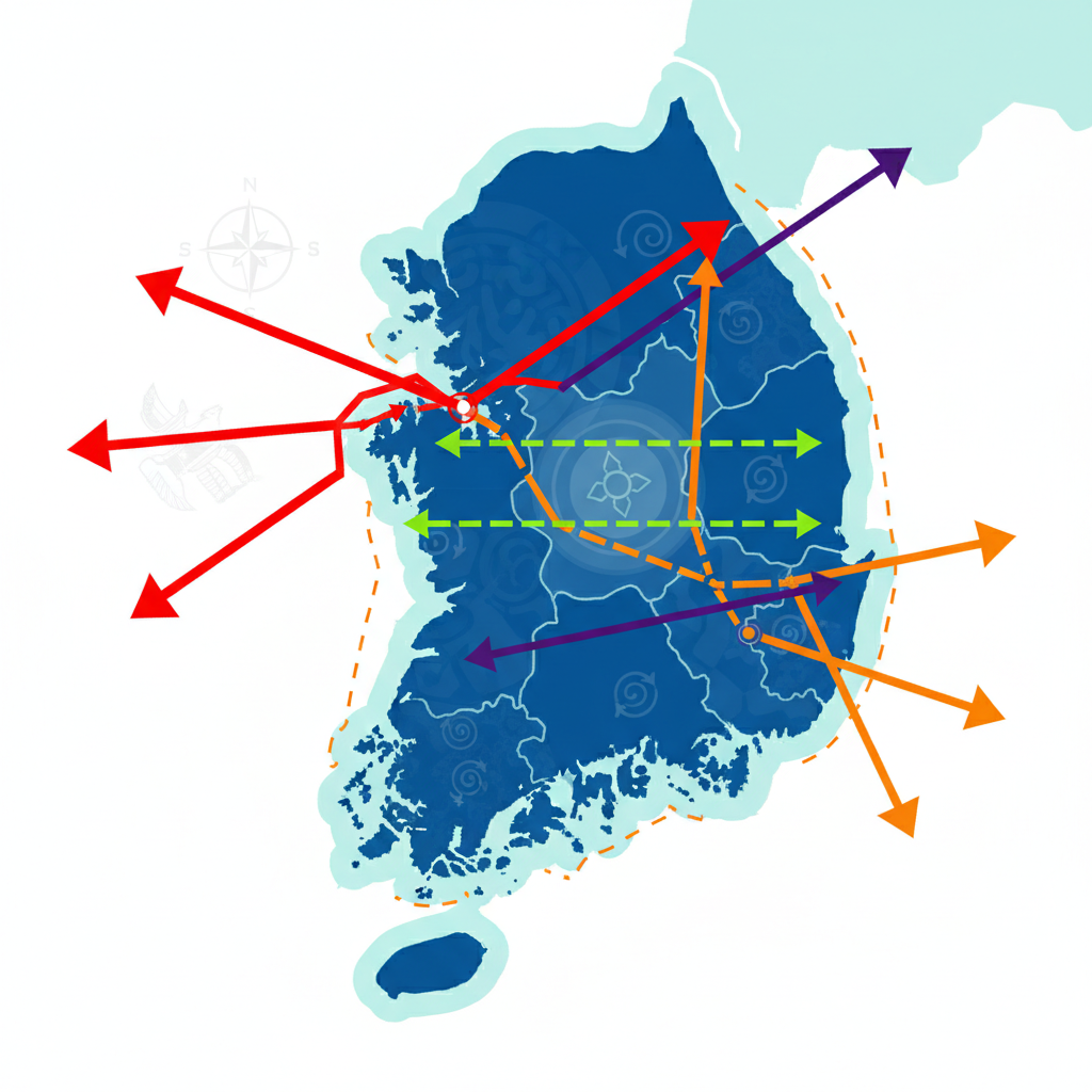 An infographic style illustration showing a stylized map of the Korean Peninsula with different hypothetical borderlines and arrows indicating geopolitical shifts. Use a clean layout and high contrast colors. Style: clean infographic, modern layout. No visible text, Korean appearance for subtle cultural elements.