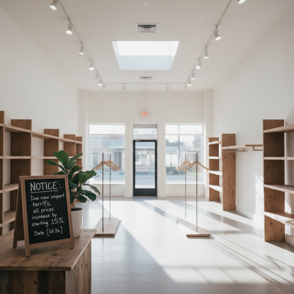 An empty boutique store with a sign indicating price increases due to tariffs, natural lighting, lifestyle photography, 4:3