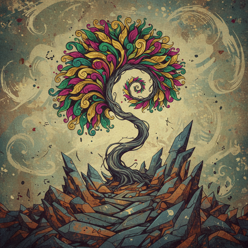 An abstract illustration showing a plant or tree growing out of rocky or challenging ground, symbolizing growth from adversity, artistic rendering, textured background, no text