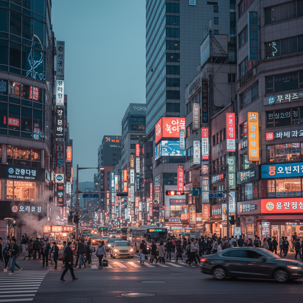A bustling modern street in Seoul with many Chinese character signs, cinematic urban photography, high contrast, vibrant colors, no text