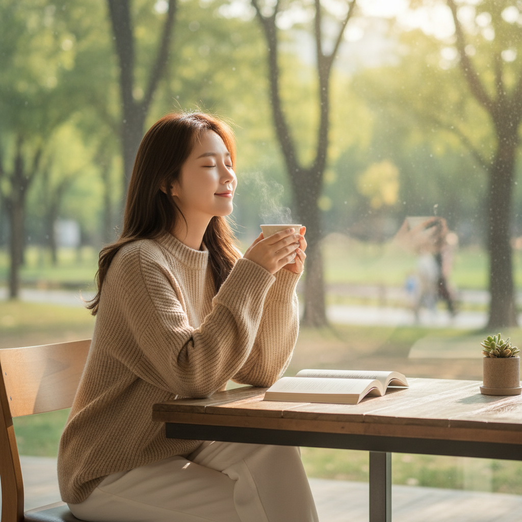 A serene lifestyle photography scene of a Korean person enjoying a peaceful moment in a quiet, less crowded cafe or park, with warm, soft lighting and a blurred natural background, symbolizing escape from busy waiting lines, no text