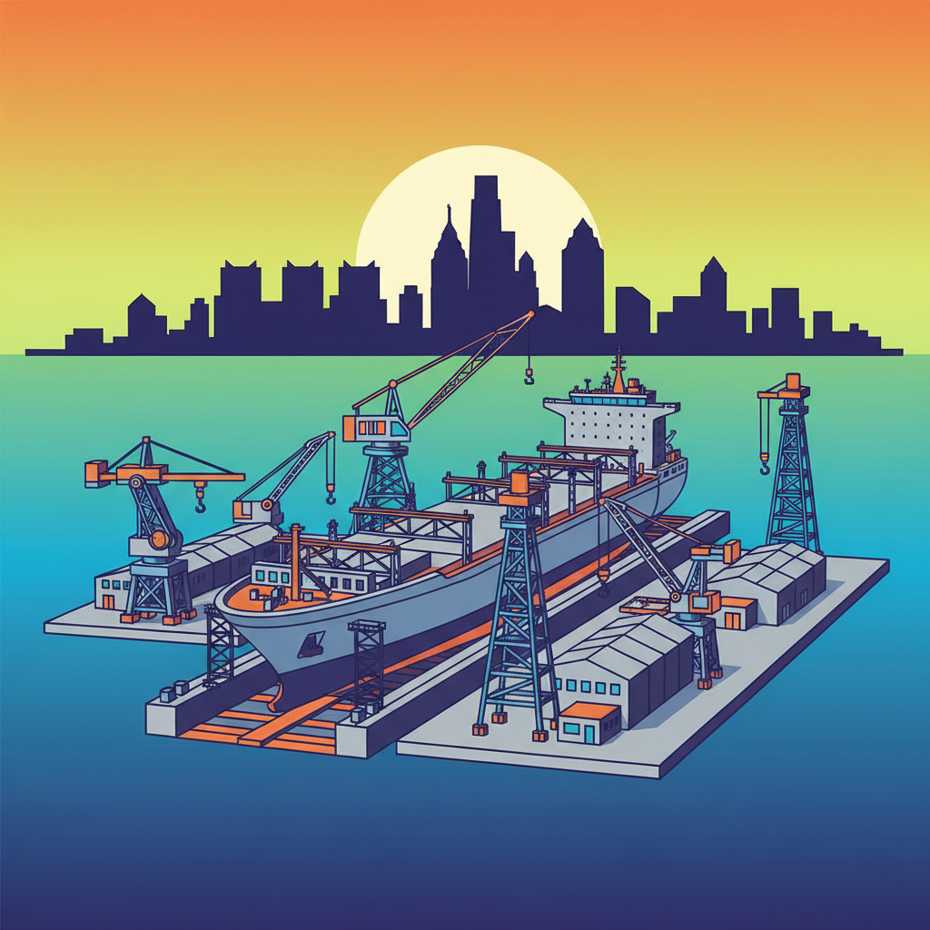 A modern industrial shipyard scene in Philadelphia with a large vessel under construction, high contrast, clean infographic style, colored gradient background, no text