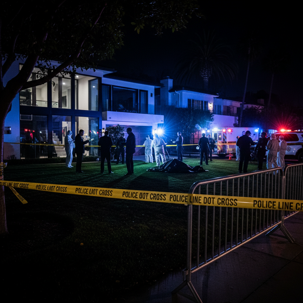 A serious crime scene investigation in a wealthy Los Angeles neighborhood at night, emergency lights reflecting on modern houses, police tape in focus, high contrast photography, no text