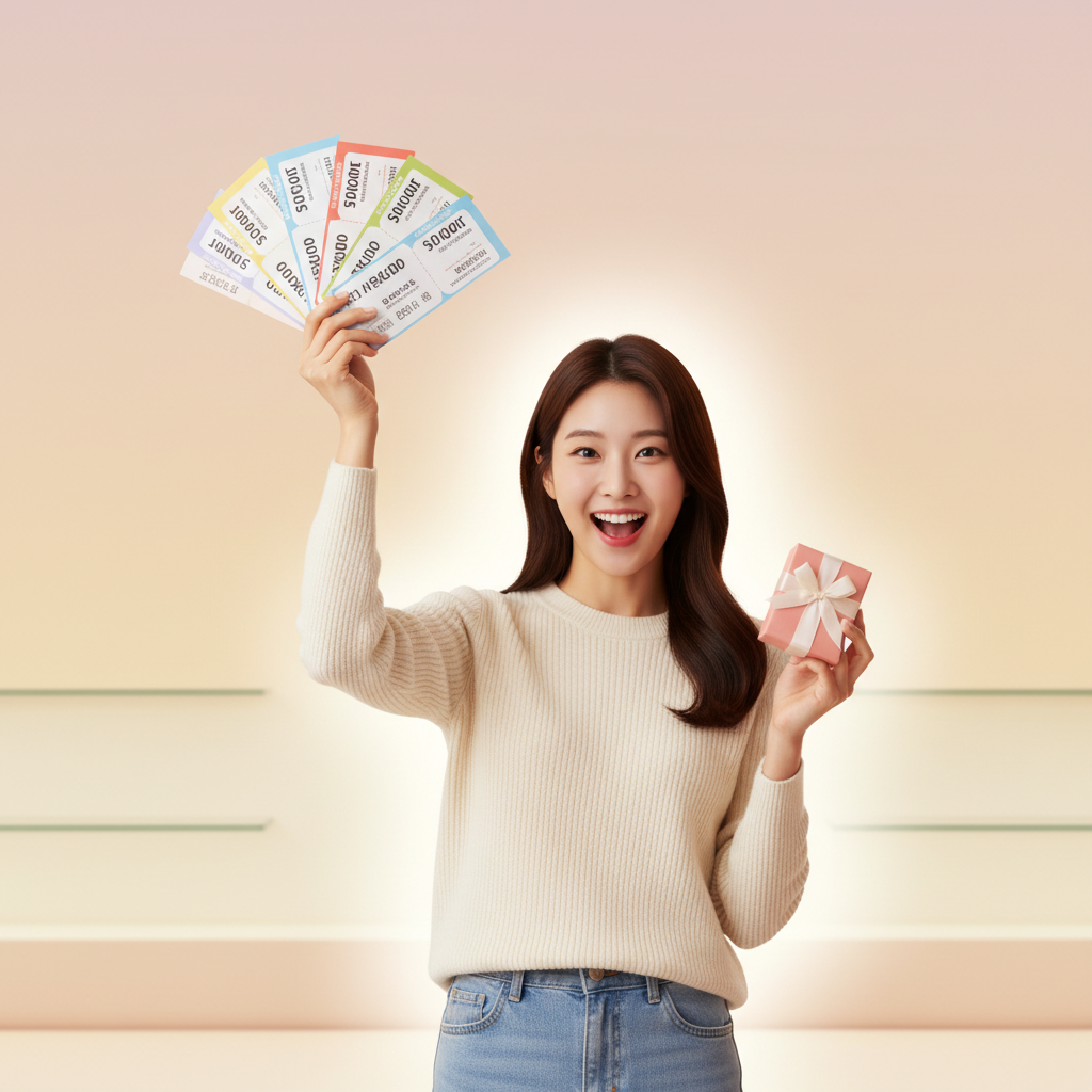A cheerful young Korean woman holding up a handful of discount coupons and a small promotional gift, looking excited. She is surrounded by a soft, warm light in a modern, clean setting with a subtle gradient background. No text.