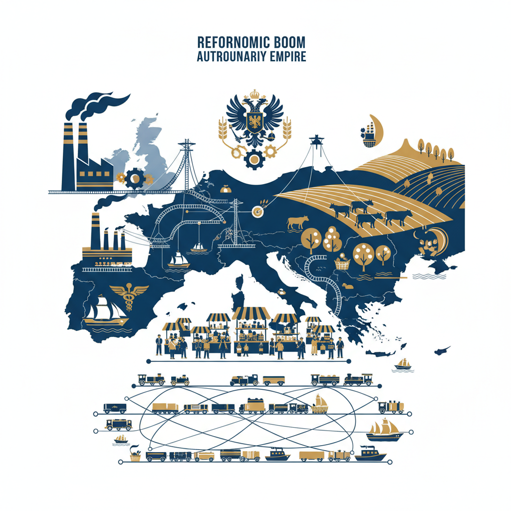 A realistic depiction of the economic prosperity of the reformed Austro-Hungarian Empire. Symbols of industry, trade, and agriculture flourishing, with interconnected transportation networks and bustling markets. Style: clean infographic, modern layout, high contrast. No visible text.