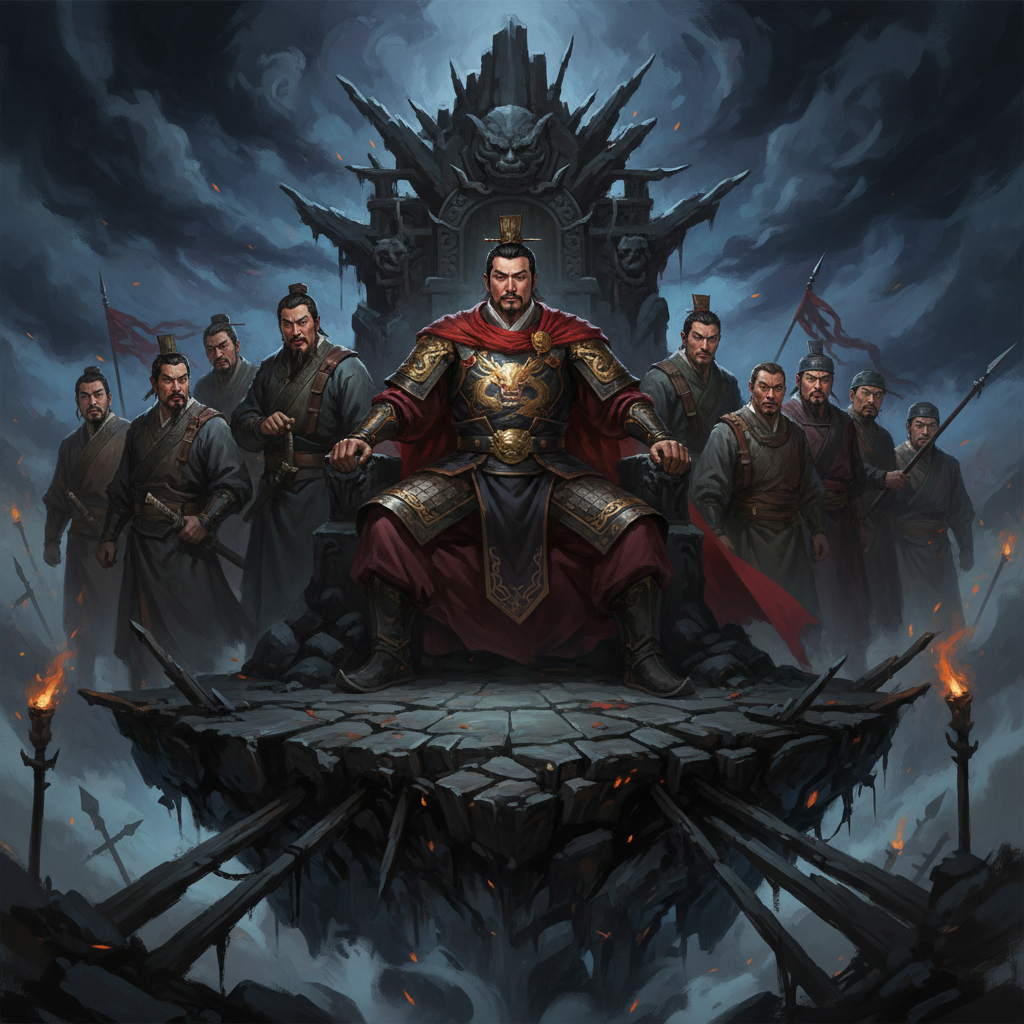 An artistic rendering of Xiang Yu on a grand but precarious throne, surrounded by various ancient Chinese warlords with subtle expressions of discontent. The atmosphere is tense and unstable, with a rich, dark background. No text