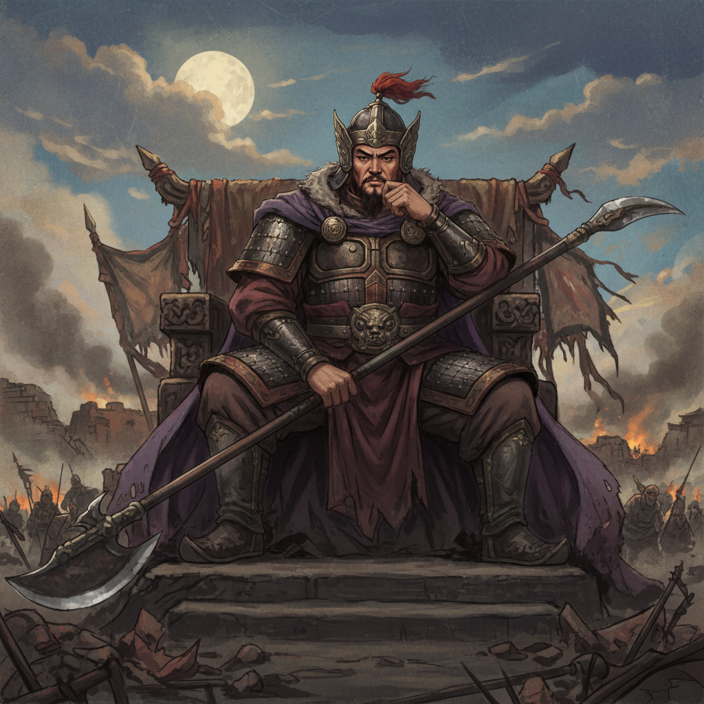 An artistic rendering of the historical figure Xiang Yu, depicted with a powerful and imposing presence, yet with a contemplative or slightly troubled expression. He stands in a grand, ancient Chinese setting, perhaps on a temporary throne or overlooking a conquered territory, suggesting both his ambition and potential internal struggles. Textured background, muted but rich colors. No visible text. Style: illustration, artistic rendering, textured background.