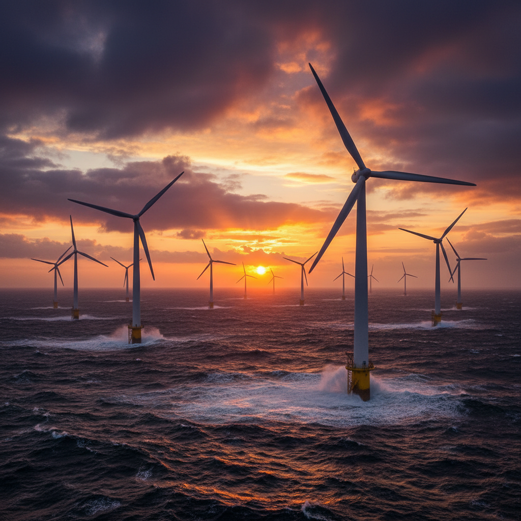 A wide shot of massive offshore wind turbines in the Atlantic Ocean during a dramatic sunset, high contrast, professional photography, sea waves, no text
