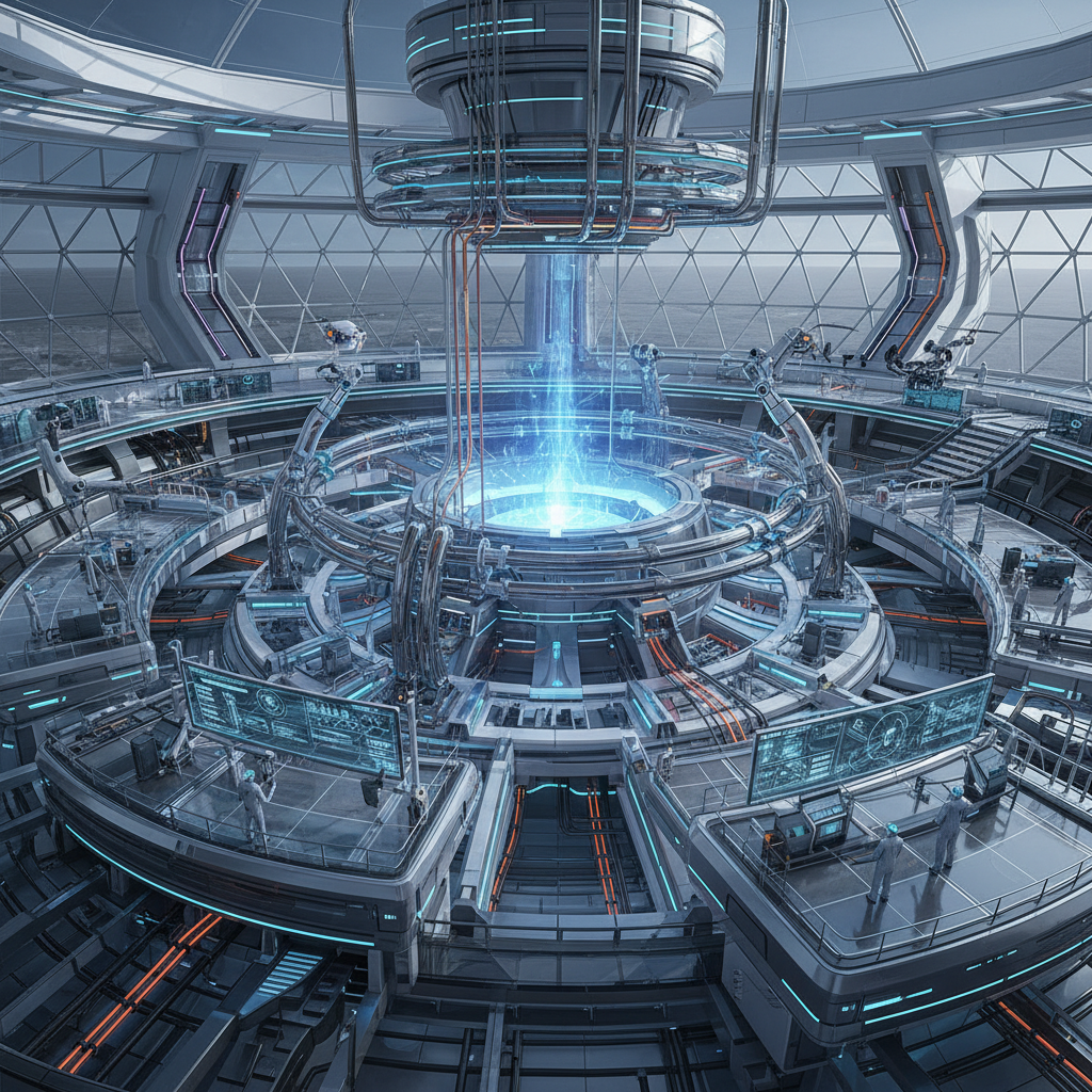 A futuristic fusion energy research facility with advanced machinery and blue plasma glow, TAE Technologies inspired tech, clean modern layout, cinematic perspective, no text